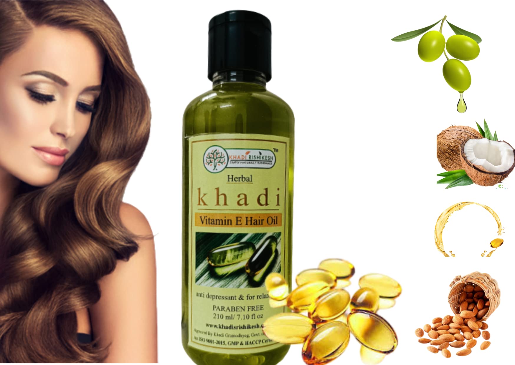 Khadi Rishikesh Vitamin E Hair Oil for Hair Growth & Hair Loss Prevention | Natural Herbal Oil for Strong, Long, Smooth & Shiny Hair | Paraben-Free Treatment (210ml) - Perfect for Daily Hair Care, Scalp Massage & Damaged Hair Repair