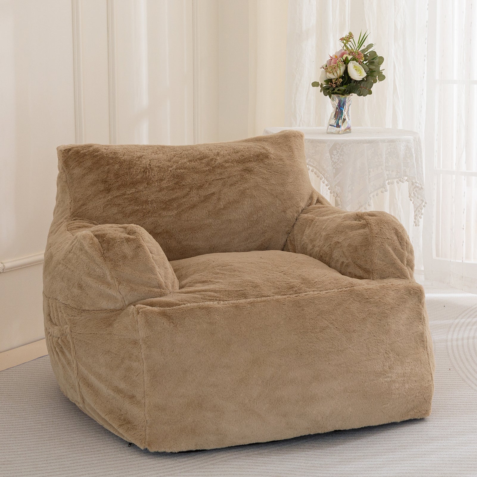 MAXYOYO Giant Bean Bag Chair - Extra Large Faux Fur Stuffed Bean Bag Couch for Living Room, Bedroom & Game Room - Super Soft Khaki Lounger for Adults & Teens - Perfect for Relaxing, Reading & Gaming