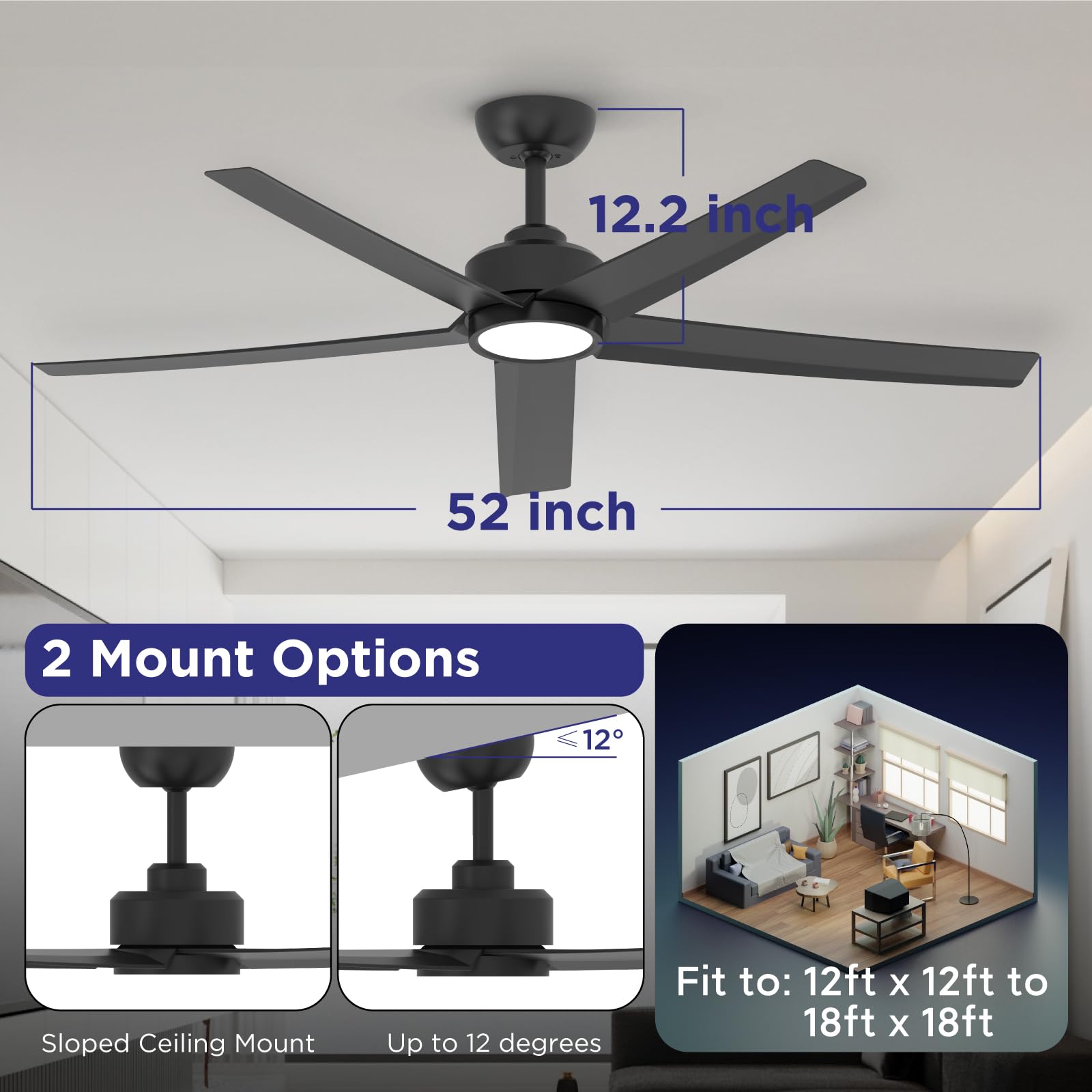 52 Inch Black Ceiling Fan with Light and Remote Control - 3CCT Adjustable, Quiet DC Motor, 5 Blades Modern Design for Living Room, Bedroom, Farmhouse - Energy Efficient Indoor Ceiling Fan with LED Light Kit