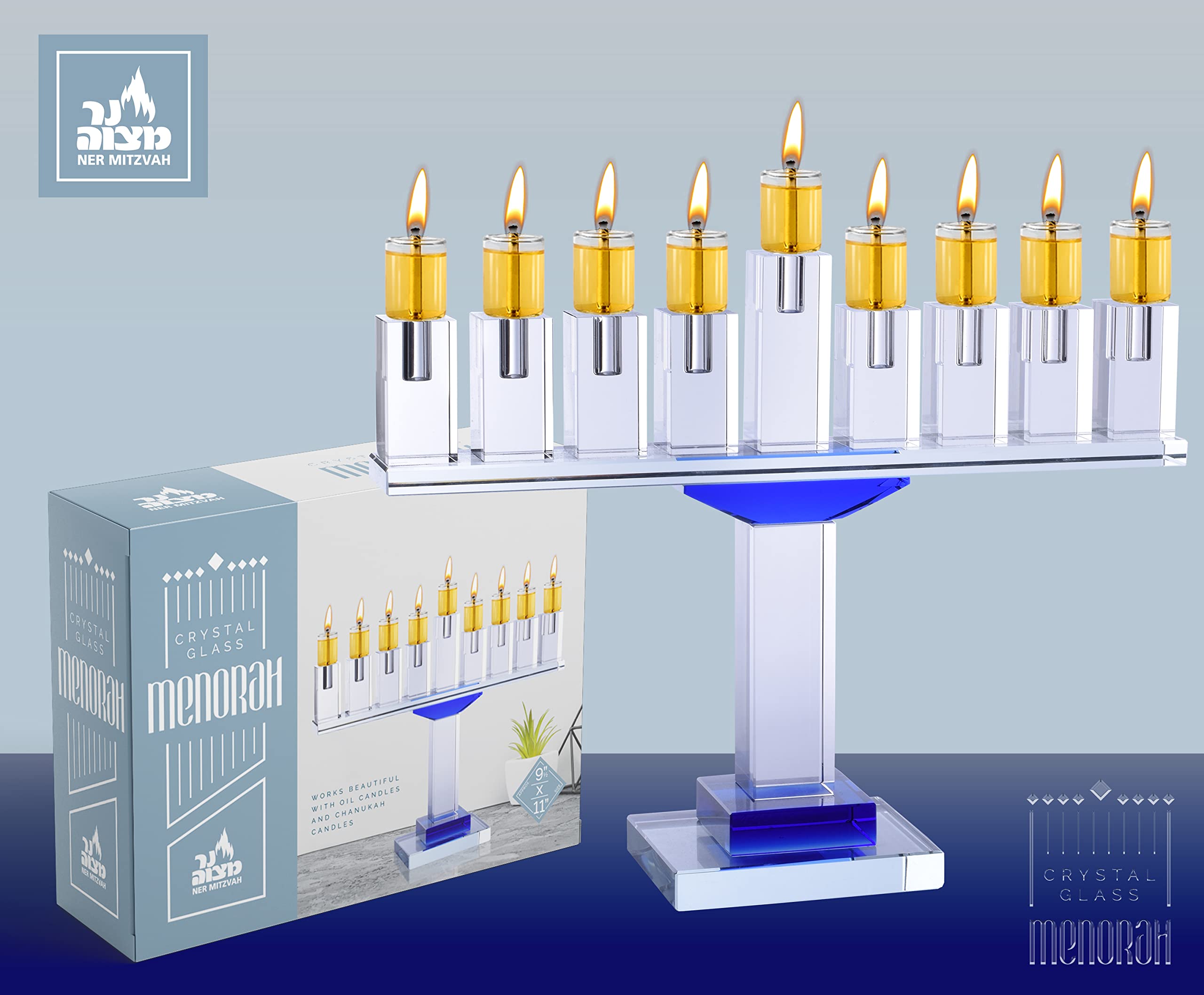 Blue Crystal Hanukkah Menorah - 9 Inch Modern Glass Candle Holder for Chanukah, Fits All Standard Hanukkah Candles | Perfect for Jewish Holiday Decor, Home Celebration & Gift Giving