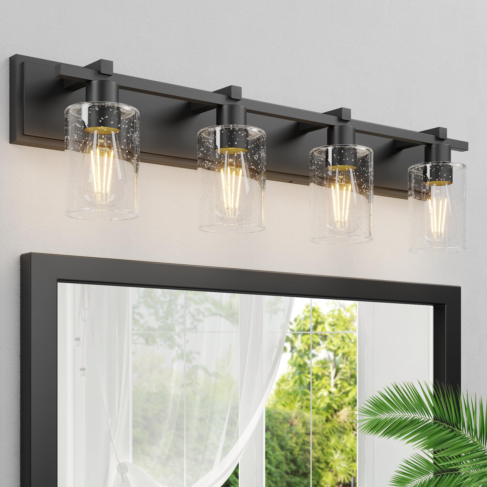 Modern Matte Black Bathroom Vanity Light - 4-Light Wall Sconce with Thickened Seeded Glass Shade, 33 Inch Contemporary Fixture for Mirror Lighting | Perfect for Bathroom, Powder Room, and Dressing Area Makeup Vanity