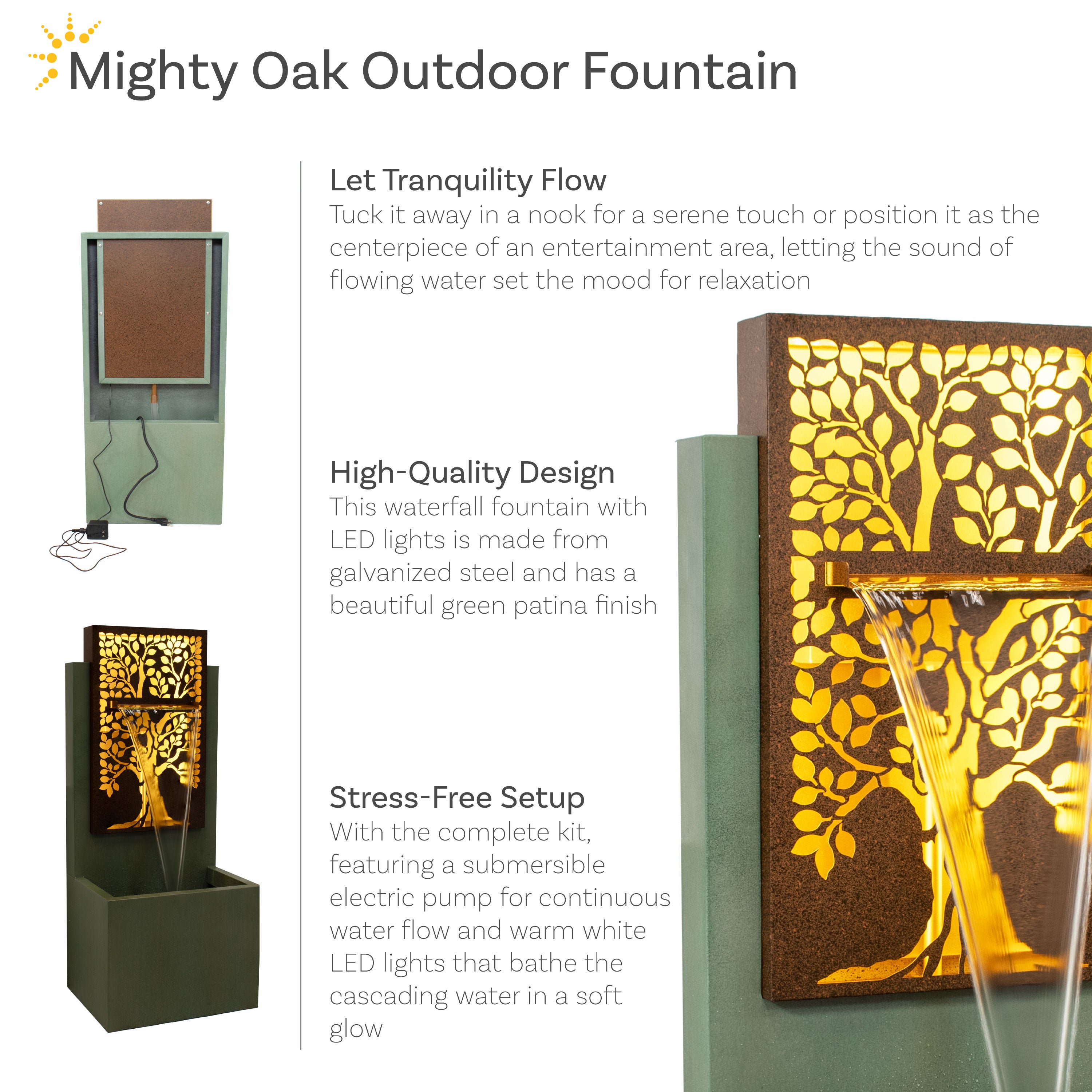 Sunnydaze Mighty Oak Outdoor Water Fountain with LED Lights - 41.25
