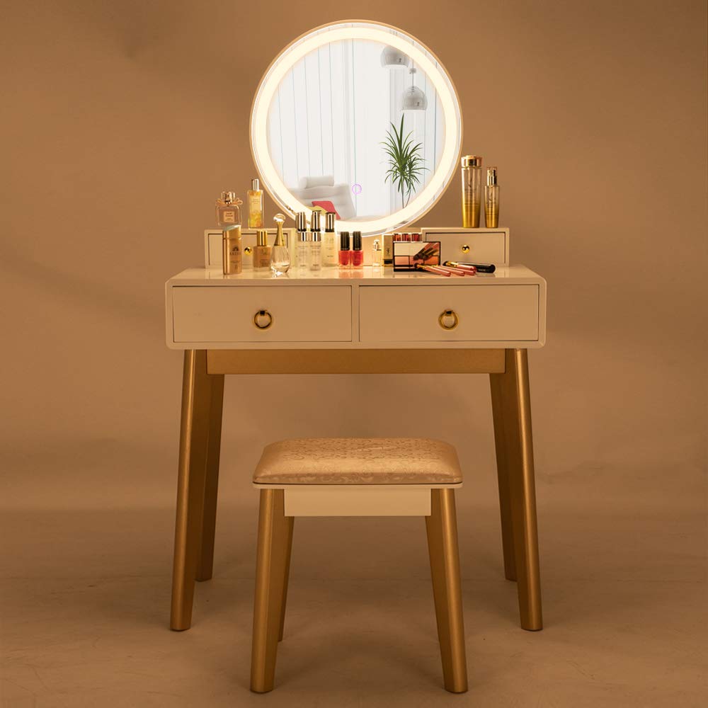HomVent Vanity Set with Mirror - 3 Color Lighting Modes, Makeup Dressing Table with 4 Drawers & Cushioned Stool for Women | Bedroom Furniture, Beauty Station for Makeup & Skincare Routine (White)