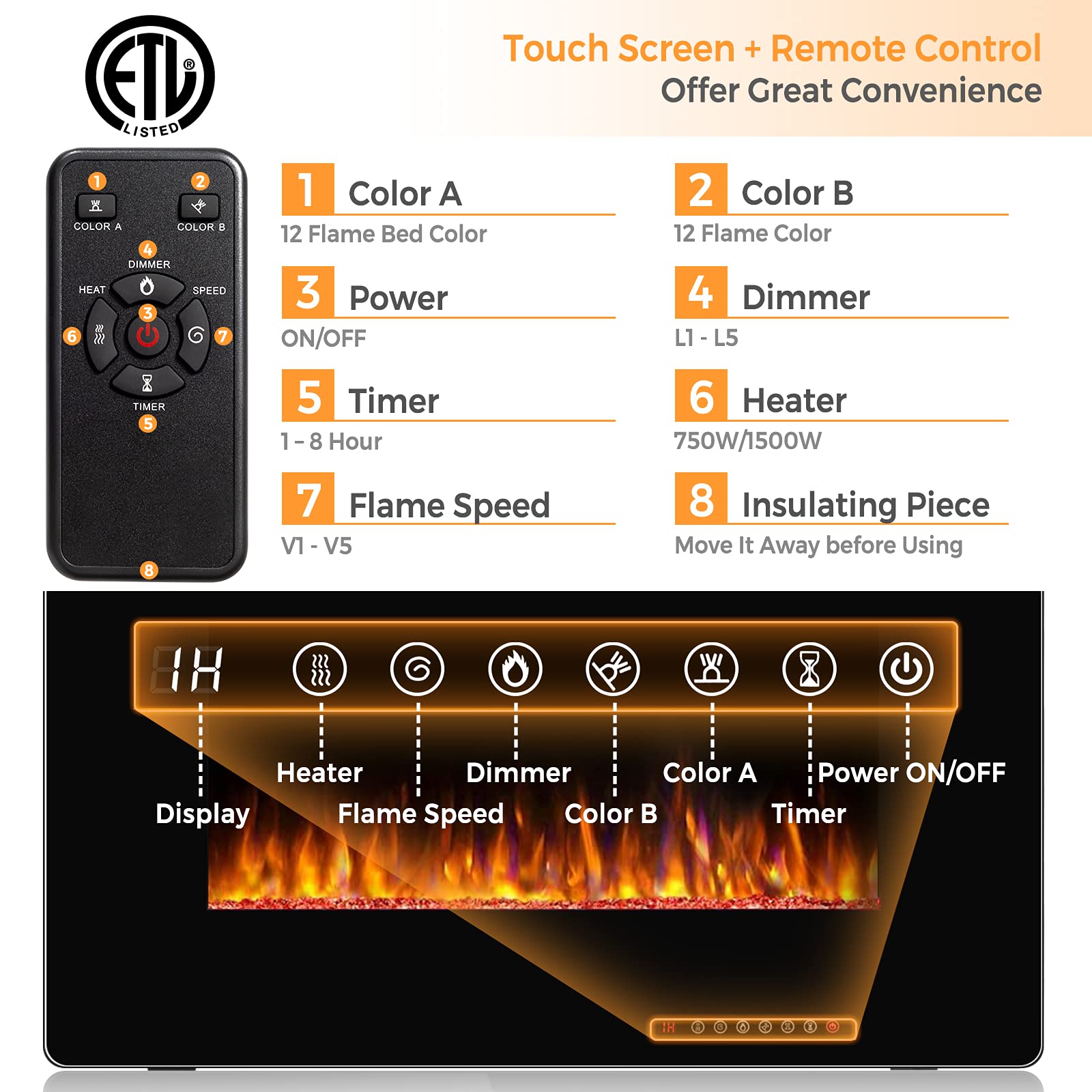 COSTWAY 30-Inch Electric Fireplace Insert with Remote - 750W/1500W Wall Recessed or Mounted Heater - 12 Flame Colors & 5 Brightness Settings - 8H Timer - Indoor Use for Living Room, Bedroom, Office