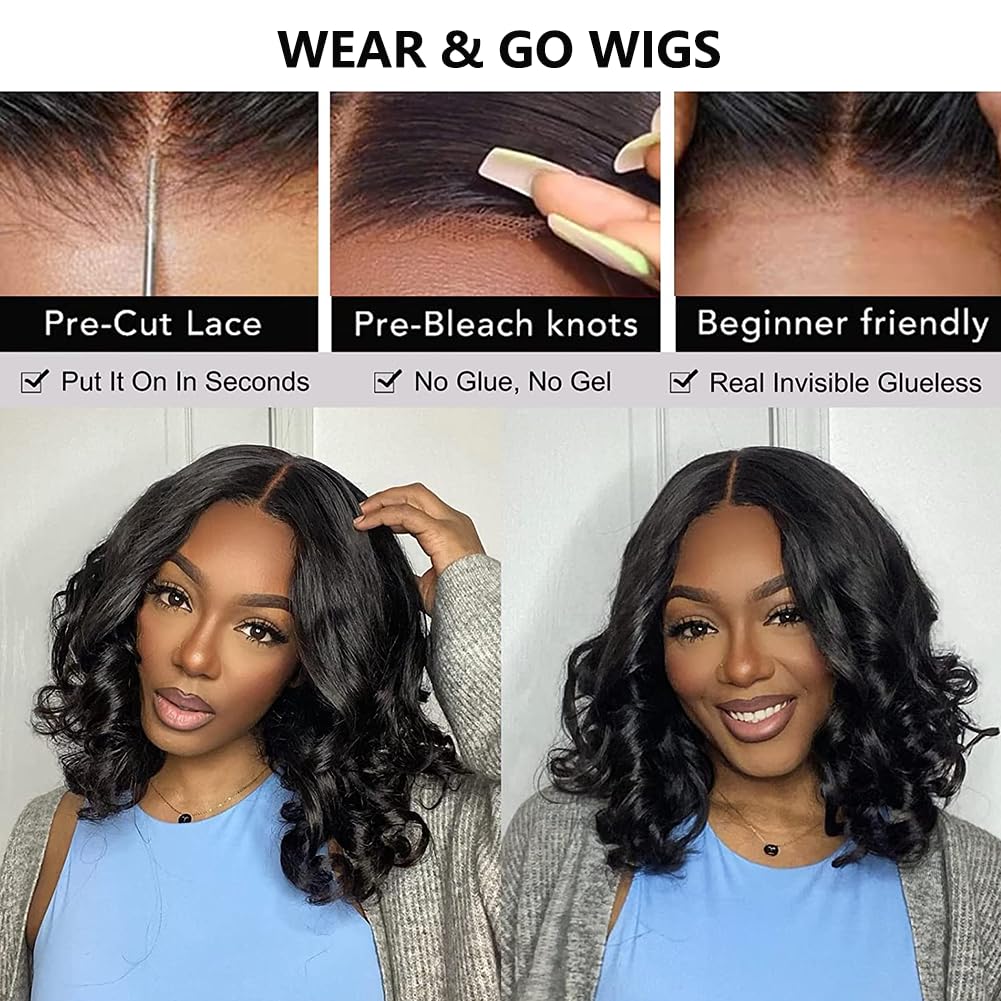 5x5 Glueless Bob Wig Human Hair - Pre Plucked & Pre Cut Lace Front Wigs for Black Women - 180% Density 12 Inch Body Wave No Glue Lace Closure Wig - Perfect for Beginners, Daily Wear & Special Occasions