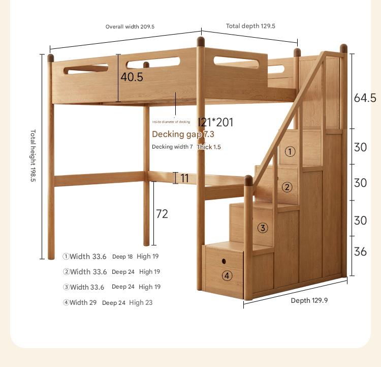 Solid Oak Wood Loft Bed with Storage Cabinet - Space-Saving Furniture for Small Rooms, Kids Bedroom & Dormitory