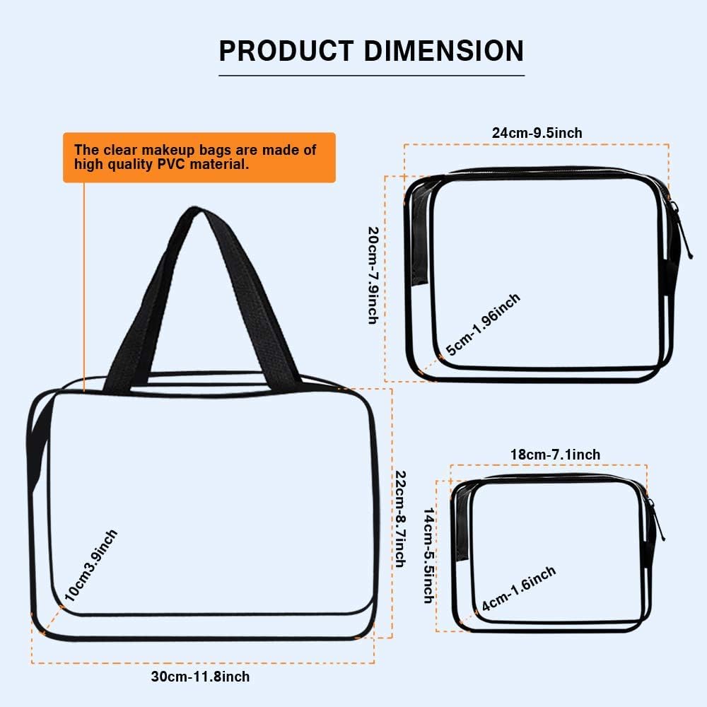 **DIVHUK 3-Piece Clear Plastic Cosmetic Bag Set - Waterproof Travel Toiletry Pouch with Zipper & Handle for Makeup Brushes & Essentials - Perfect for Women's Air Travel, Gym, and Daily Organization (Transparent)**