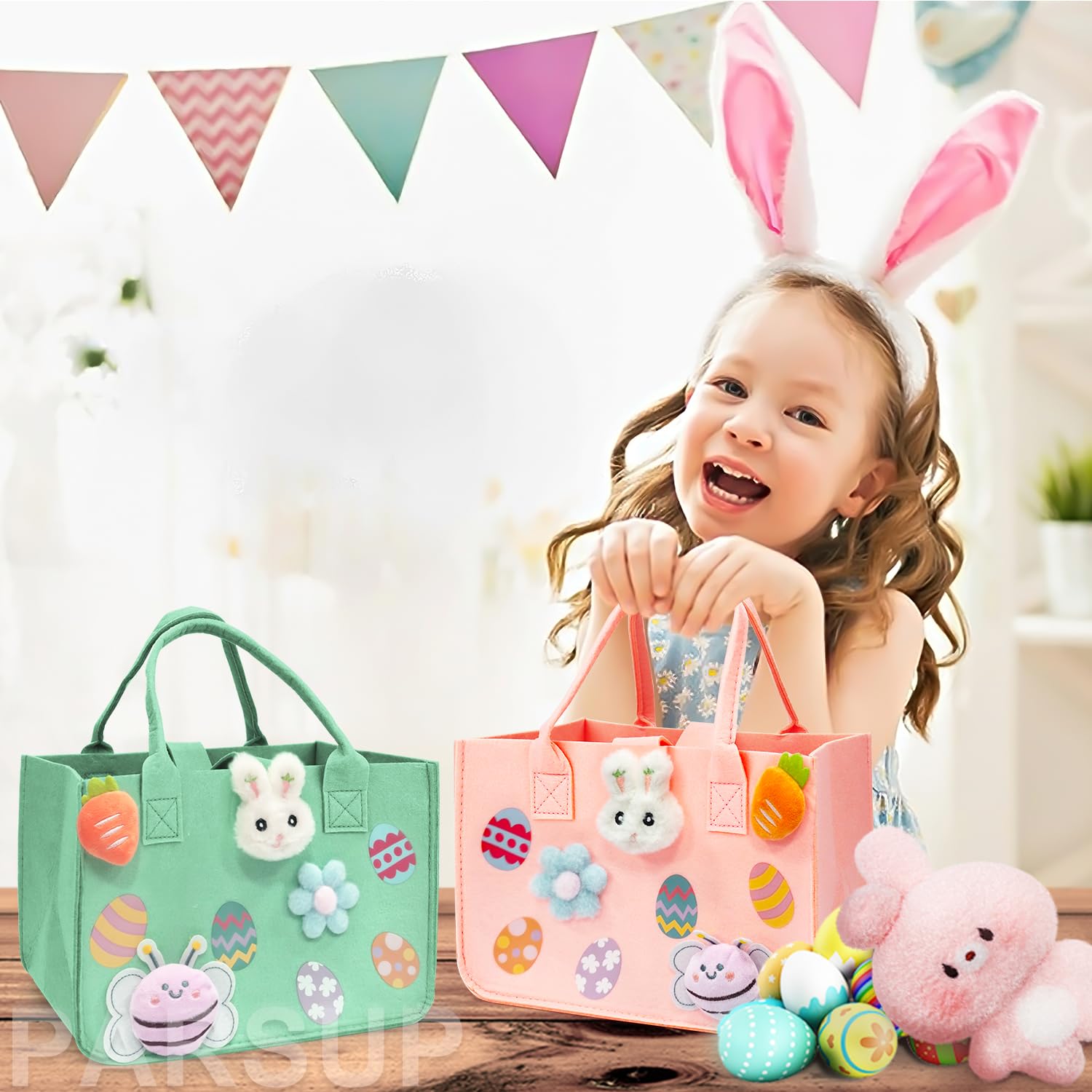 PARSUP 2PCS Easter Egg Hunt Bags with Handles - Happy Easter Bunny Gift Bags for Treats, Felt Easter Party Supplies for Egg Hunt Games & Gift Wrapping, 12