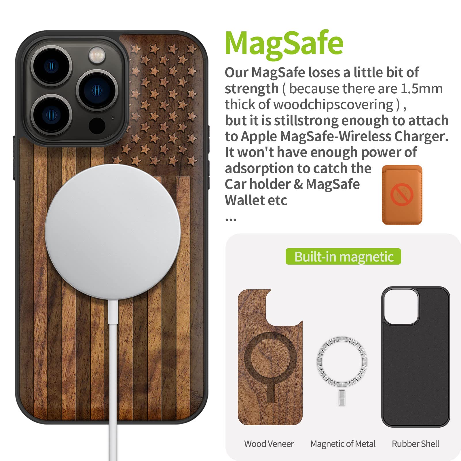 Carveit Magnetic Wood Case for iPhone 13 Pro - Hard Real Walnut Wood & Soft TPU Hybrid Cover - Shockproof Protective Case with MagSafe Compatibility - American Flag Design - Perfect for Outdoor, Office & Travel Use