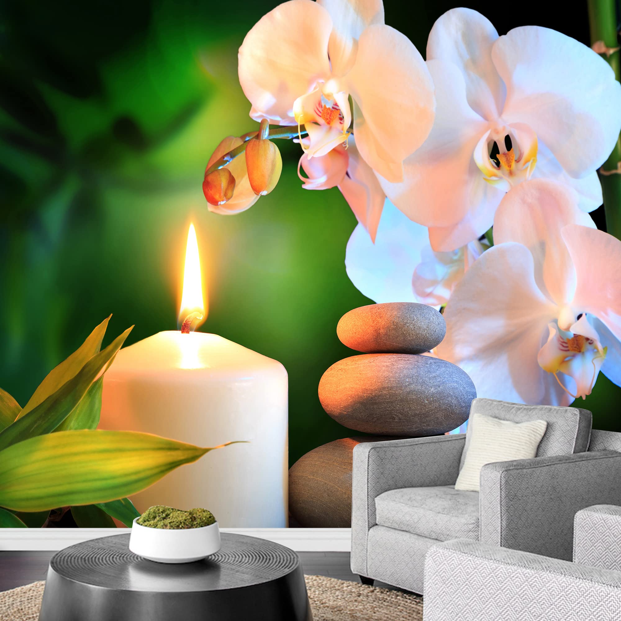 Wall26 Removable Wall Sticker - Zen Yoga Massage Stones, Candles & Bamboo Nature Landscape Wall Mural | Realistic Wilderness Photography in Multicolor | 100x144 inches | Perfect for Living Room, Bedroom & Office Decor | Create a Relaxing Spa Atmosphere at Home
