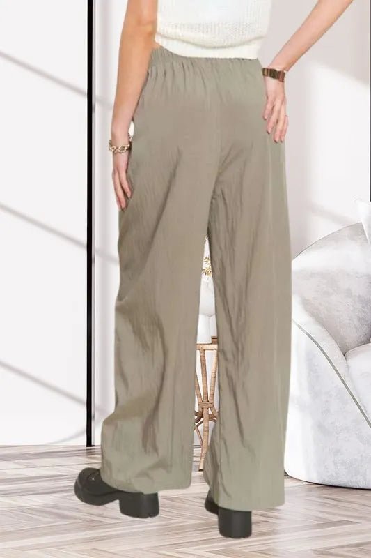 ADORA Women's Waist Tie Crinkle Flowy Pants - High Waisted Linen Wide Leg Trousers for Casual & Office Wear | Perfect for Summer Outfits, Beach Vacations & Boho Style