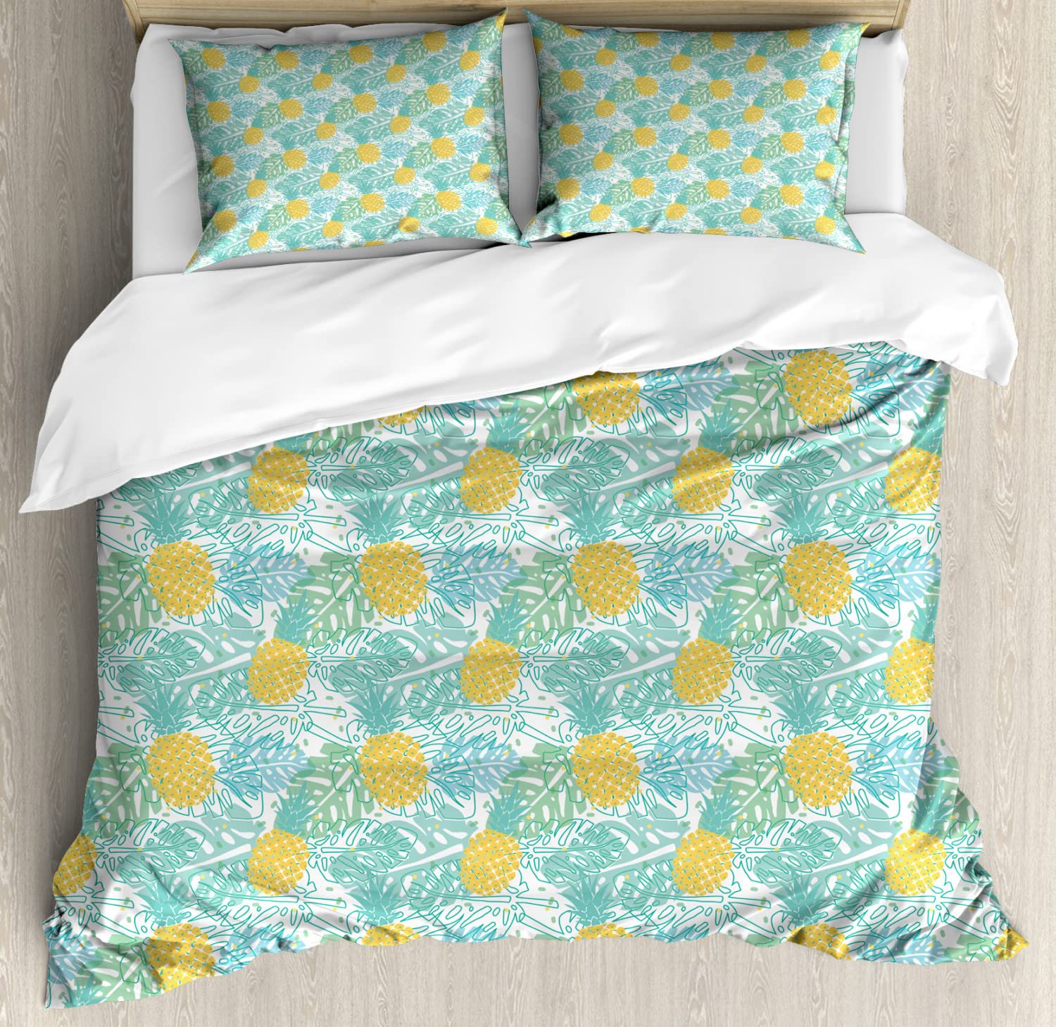 Ambesonne Luau Duvet Cover Set 2-Pack King Size - Tropical Leaf & Pineapple Print Bedding Set with 2 Duvet Covers & 4 Pillowcases in Earth Yellow & Seafoam - Perfect for Summer Beach House Decor, Hawaiian Themed Bedroom, or Vacation Rental Styling