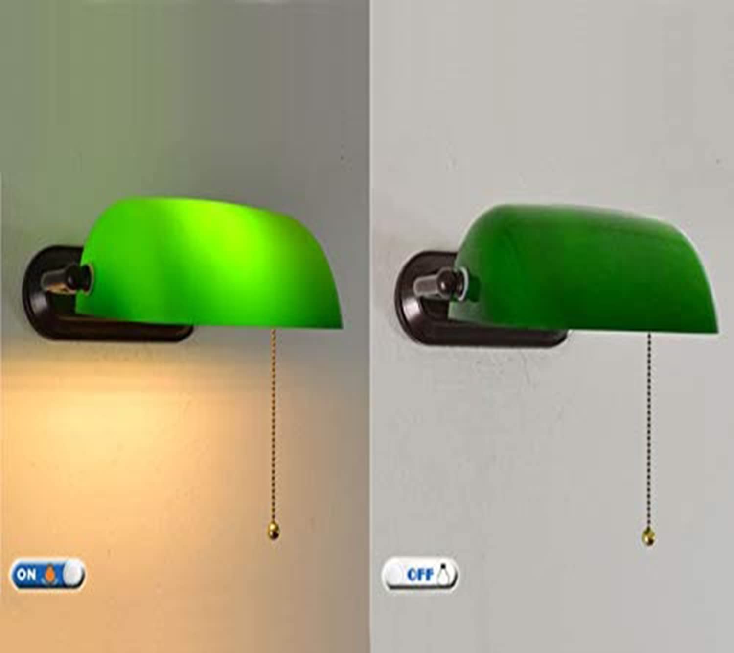 Kiven Plug-in Green Glass Bankers Wall Sconce Lamp with 6FT Cord & Motion Sensor - Automatic On/Off Lighting Fixture for Hallway, Bedroom, or Porch (1 Pack)