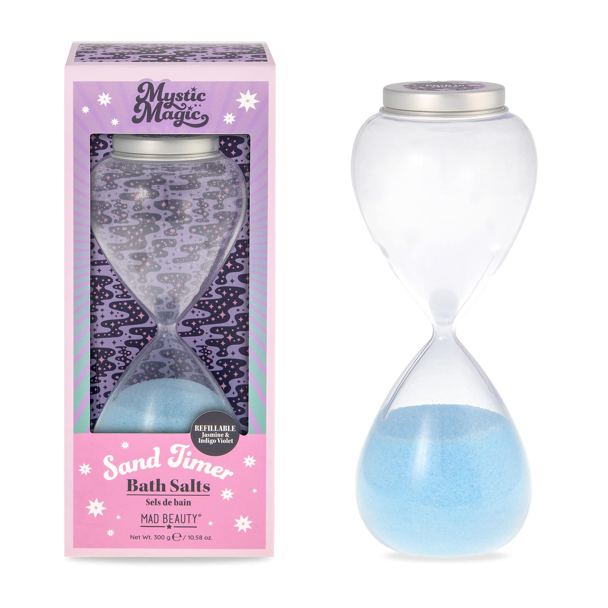 **MAD BEAUTY Mystic Magic Hourglass Bath Timer Salts – Jasmine & Indigo Violet Scented, Reusable Sand Timer with Relaxing Bath Salts for Stress Relief & Self-Care – Perfect Gift for Spa Nights & Home Relaxation**