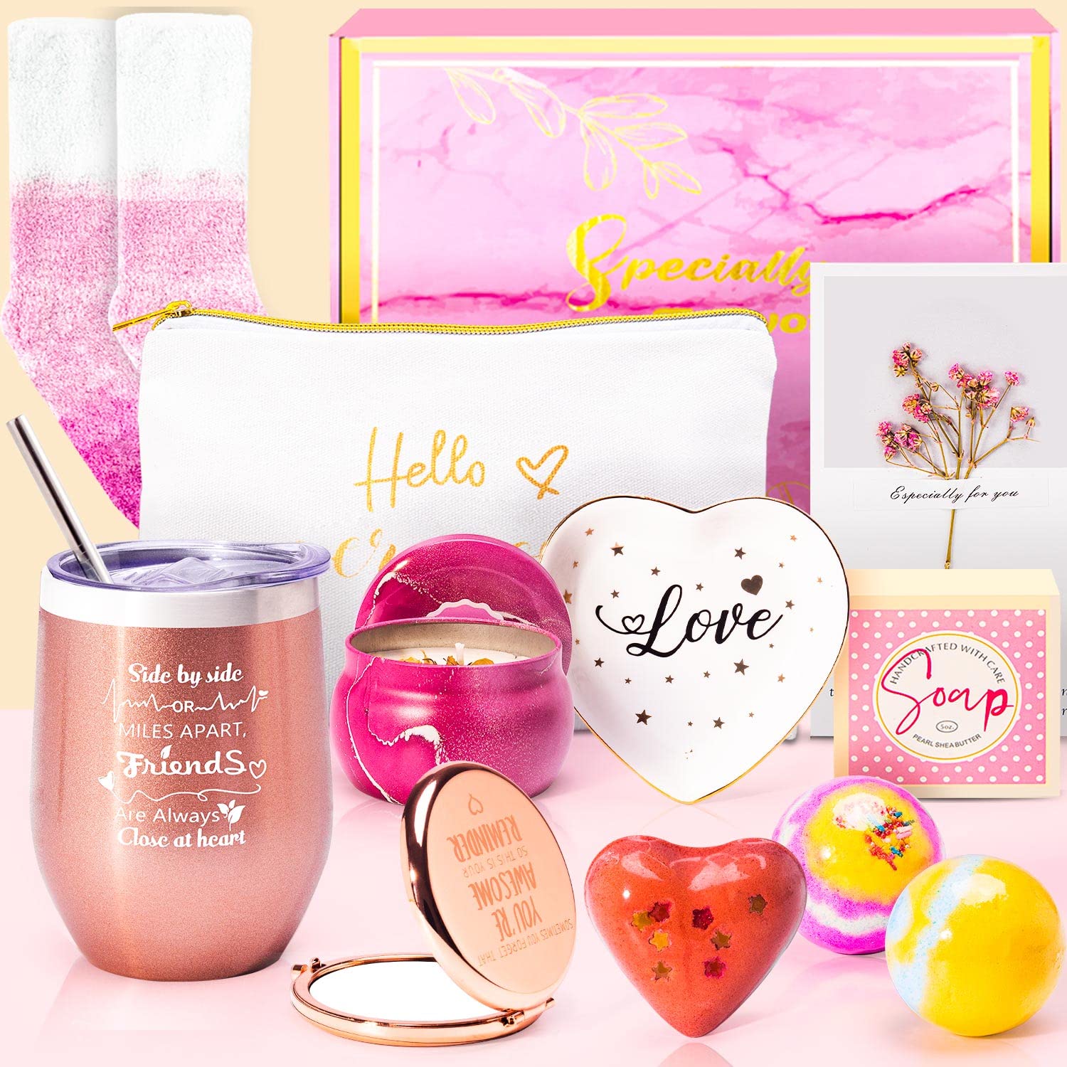 Relaxing Spa Gift Basket Box for Women - Rose Gold Birthday Bath Set for Mom, Sister, Best Friend - Unique Happy Birthday Gift Ideas for Her - Perfect for Home Spa Nights, Self-Care, and Special Occasions