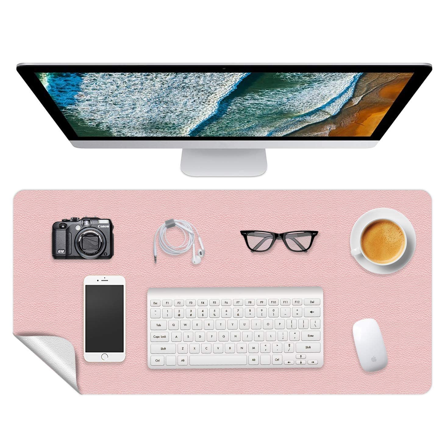 Premium PU Leather Office Desk Mat - 24x48 Inch Non-Slip Mouse Pad & Keyboard Protector - Ultra-Thin Writing Surface for Women (Shell Pink/Bright Silver) - Perfect for Home Office, Study & Workspace Organization
