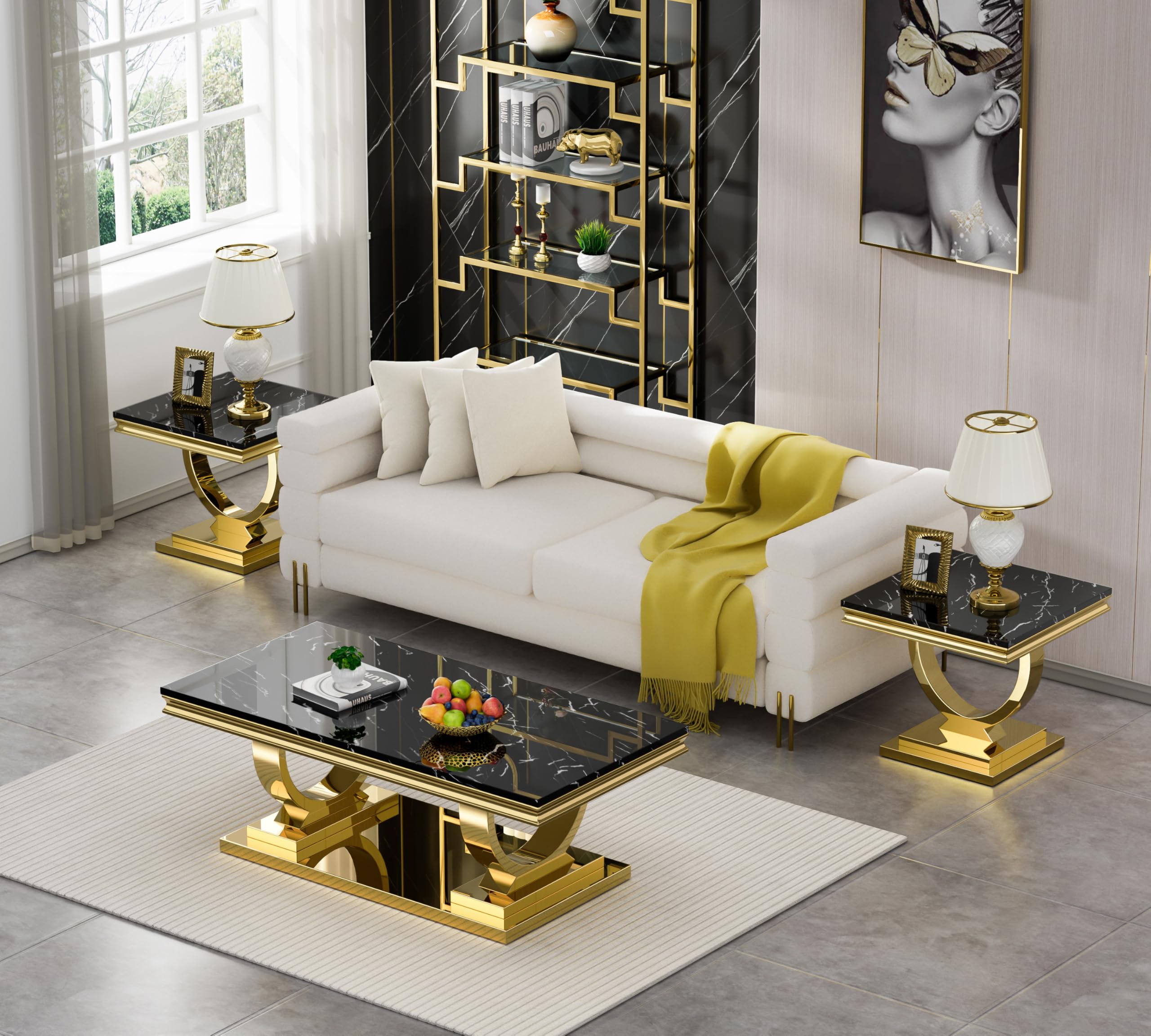3-Piece Marble Coffee Table Set for Living Room - Faux Marble & Wood Top with Stainless Steel Frame - Modern Nesting Tables for Apartment, Home Office & Lounge (Black) | Perfect for Small Spaces, Coffee Serving & Stylish Home Decor