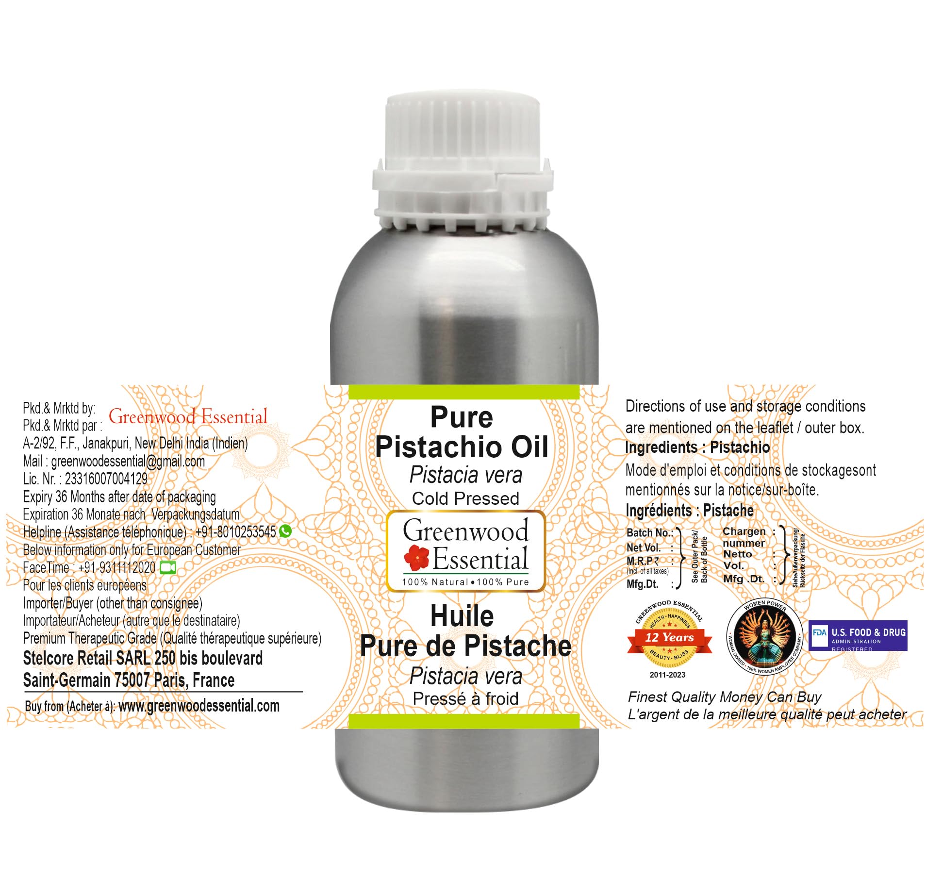 Pure Cold Pressed Pistachio Oil (Pistacia vera) - 42 oz (1250ml) for Cooking, Skincare & Hair Care - Gourmet Grade, Unrefined, Nutrient-Rich