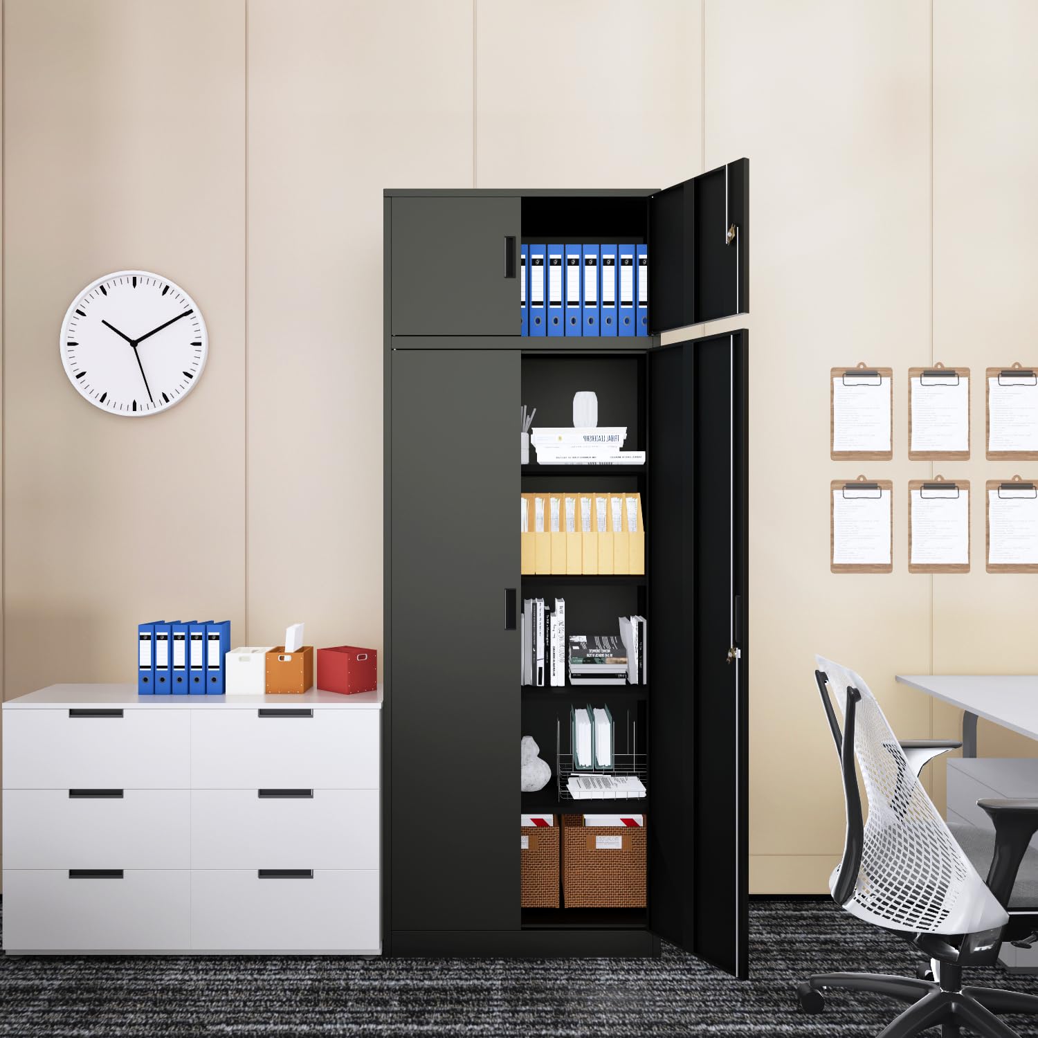 Metal Storage Cabinet with Lock - 2 Lockable Doors & 4 Adjustable Shelves for Garage, Office, Home, Gym, School | Heavy Duty Black Steel Organizer for Tools, Supplies & Pantry Items