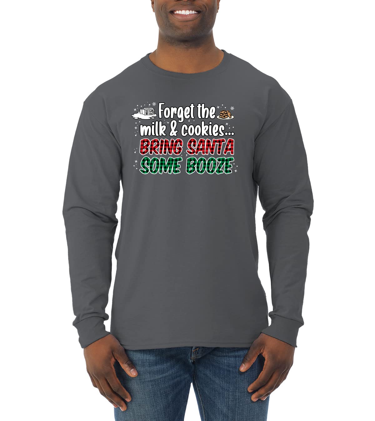 Wild Bobby Santa Booze Christmas Long Sleeve Shirt for Men - Funny Holiday Party Outfit & Ugly Sweater Alternative