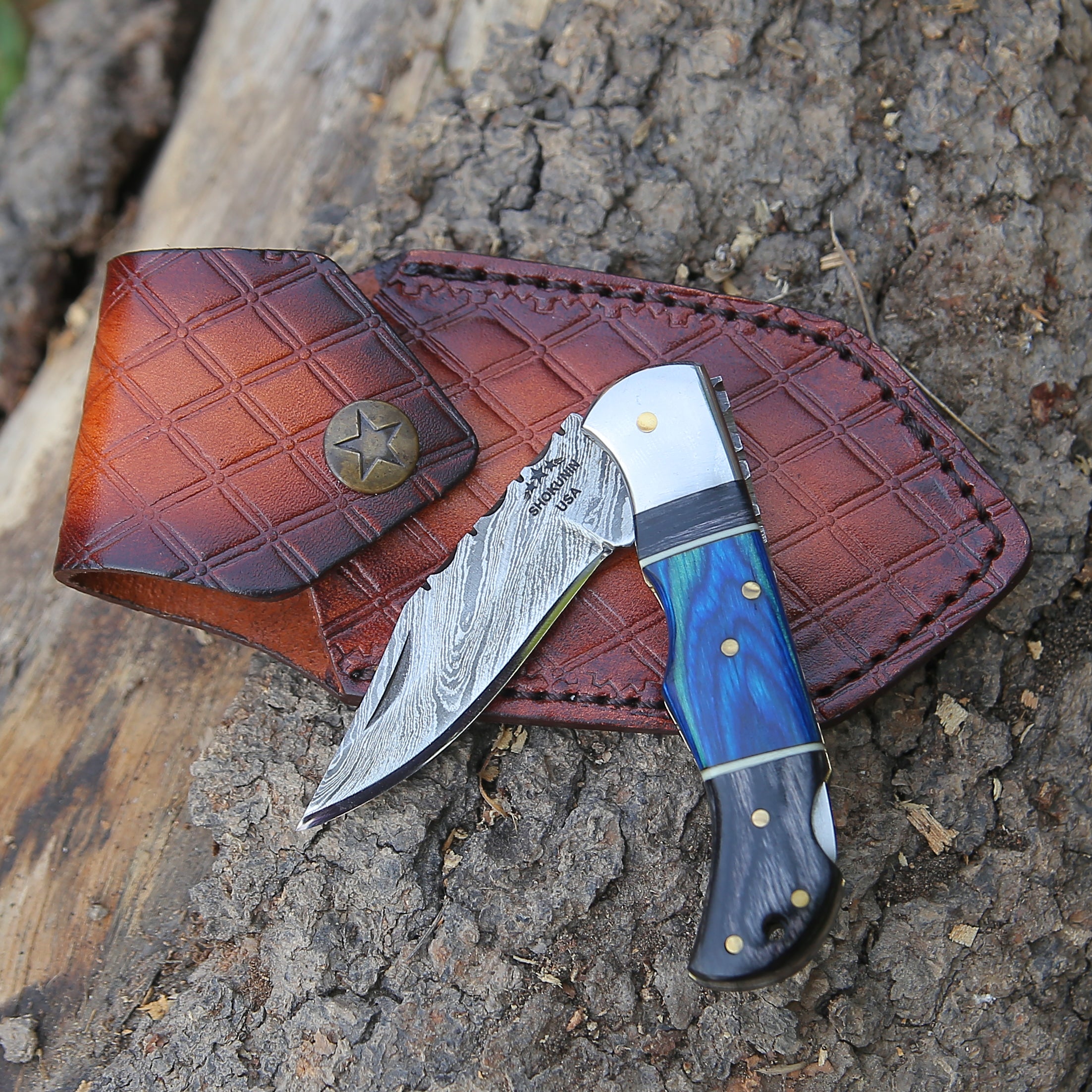 Premium Damascus Steel Folding Hunting Knife with Pakkawood Handle - Tactical Outdoor Survival, Camping, and Bushcraft Essential