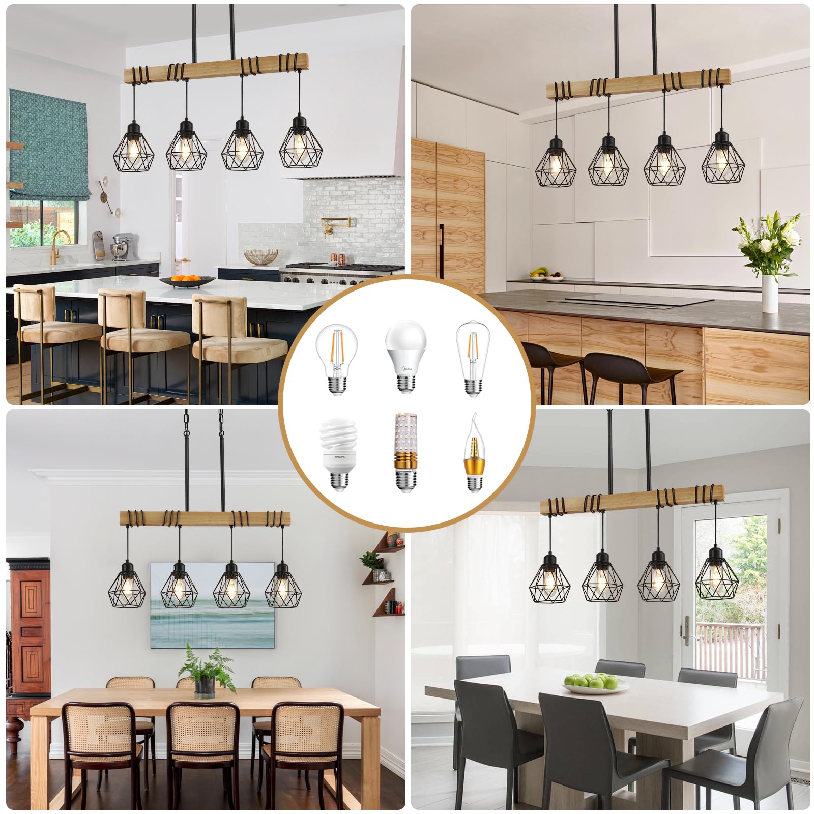 Modern Farmhouse 4-Light Kitchen Island Pendant Light - Black Rustic Wood Linear Chandelier for Dining Room & Table Lighting - Perfect for Farmhouse, Industrial & Rustic Home Decor