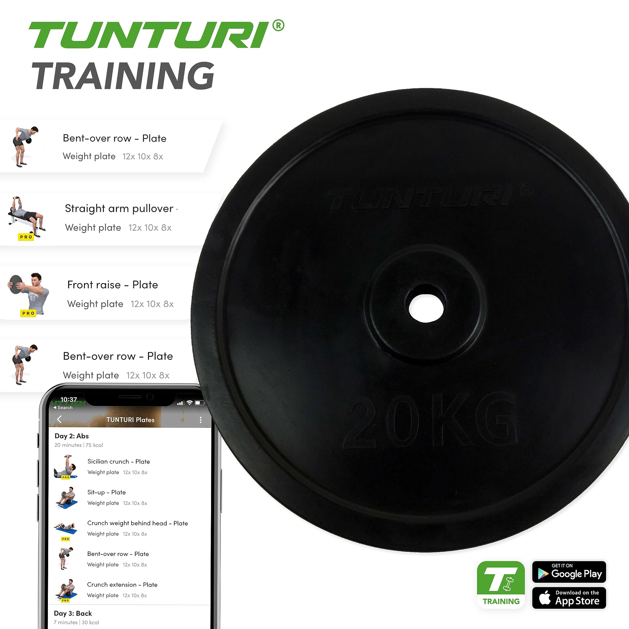Tunturi Unisex Adult Rubber Weight Plate 20.0kg (44 lbs) - Single Black Gym Plate for Strength Training & Home Workouts