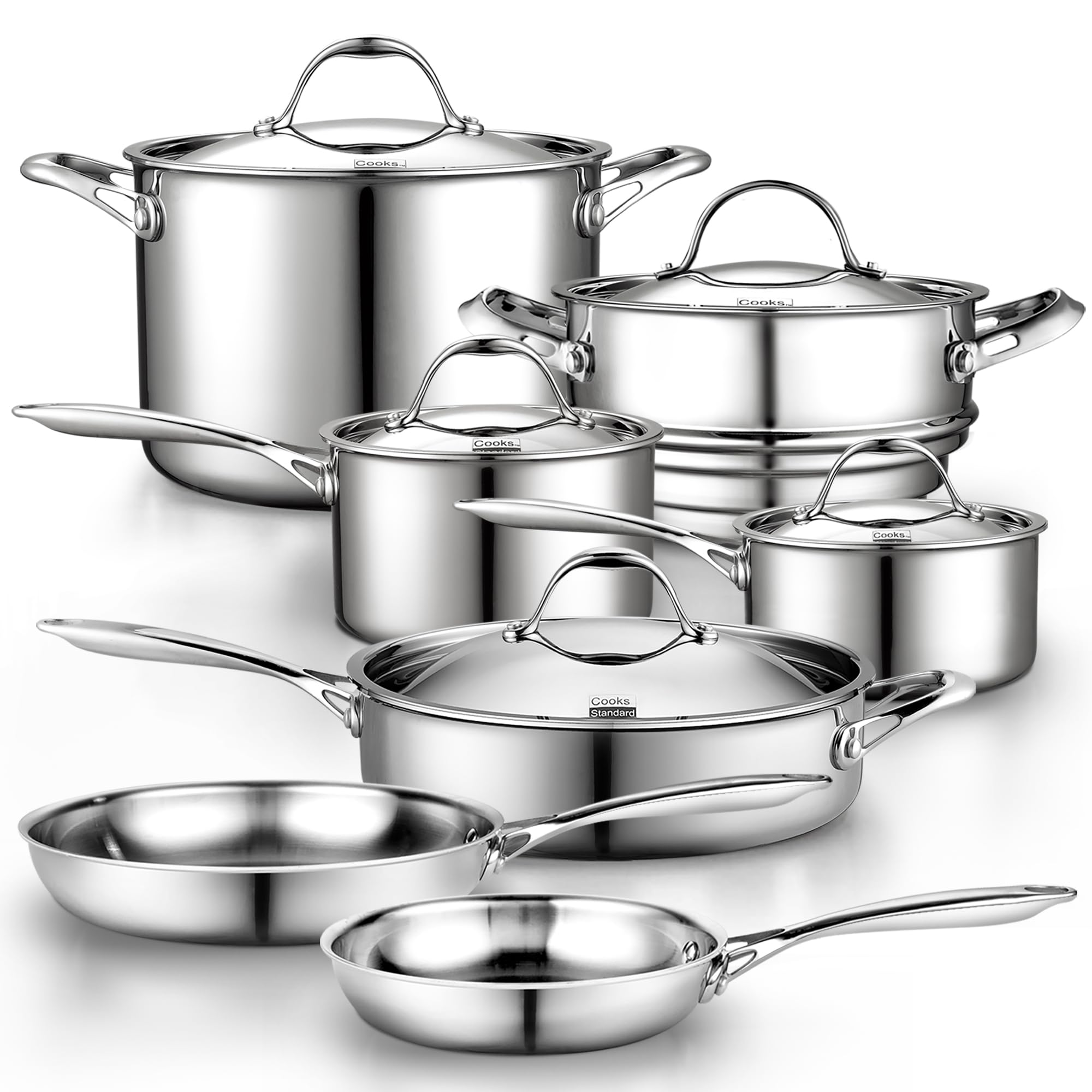 Premium 12-Piece Stainless Steel Cookware Set - Multi-Ply Clad Pots & Pans with Stay-Cool Handles, Oven & Dishwasher Safe (500°F) - Ideal for Professional Chefs & Home Cooking Enthusiasts