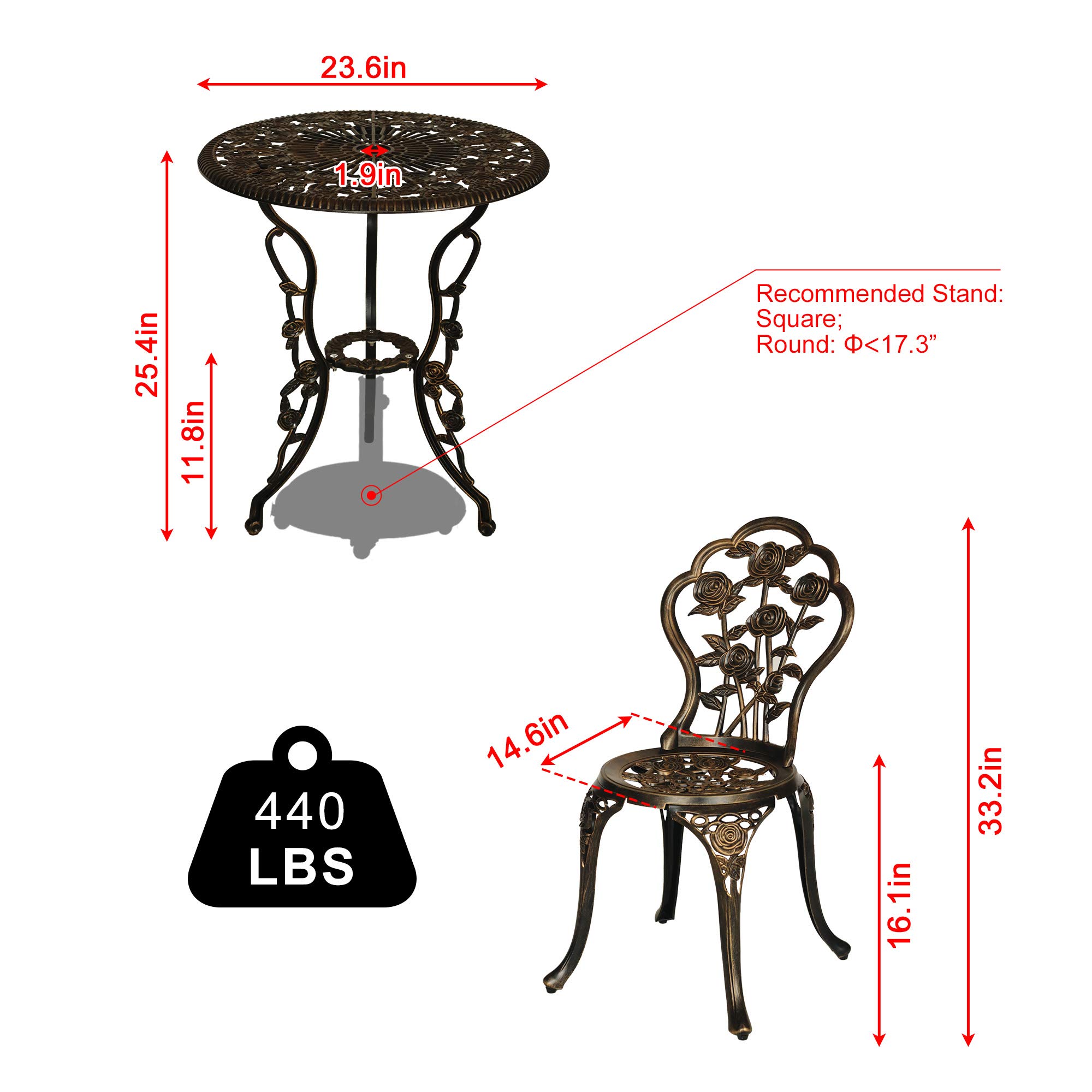 3-Piece Patio Bistro Table Set - Outdoor Cast Aluminum Dining Set with Umbrella Hole, Rose Flower Design, Dark Bronze Balcony Furniture (Perfect for Small Spaces, Garden, Deck & Backyard Relaxation)