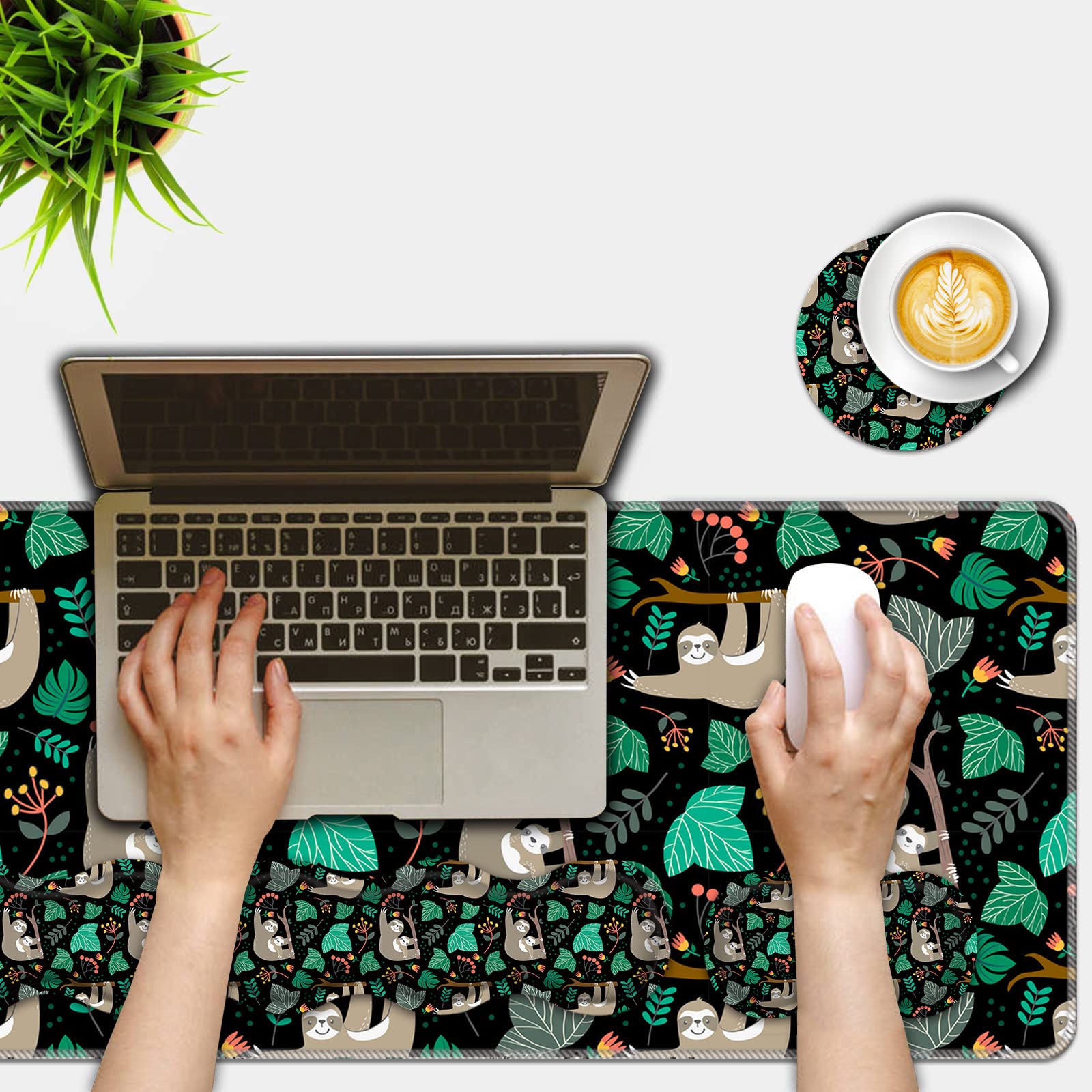Premium Mouse Pad Set - 31.5×11.8 Inch Large Desk Mat with Keyboard Wrist Rest, Mouse Wrist Support & Coaster - Ergonomic Office & Home Computer Accessories for Laptop Users - Cute Sloth Design for Gaming & Work Comfort