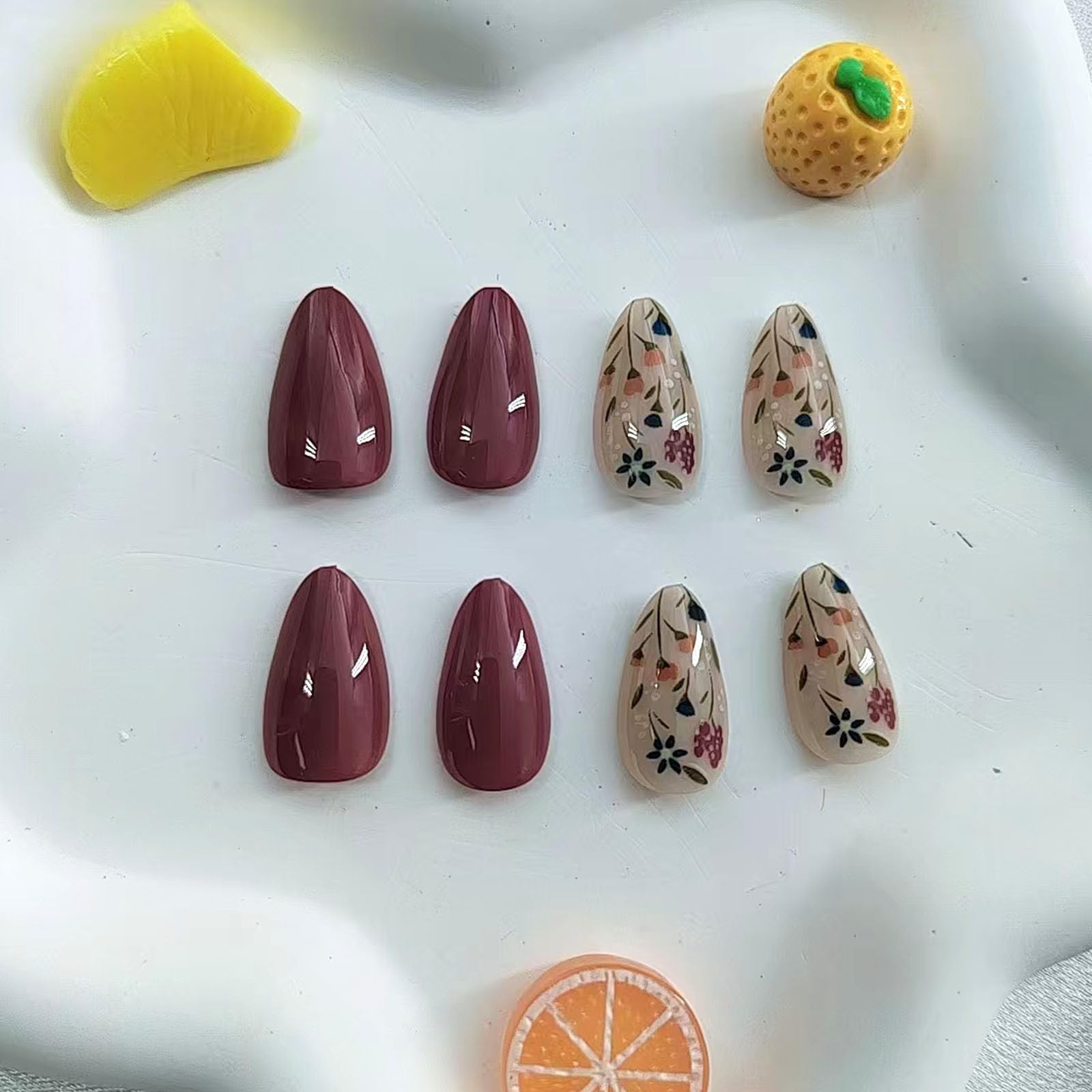 30 Pcs Almond Floral Press On Nails - Fall Acrylic Fake Nails with Cute Flower Designs, Full Cover Glossy Stick On Nails for Women & Girls | Perfect for Parties, Weddings, and Everyday Glam