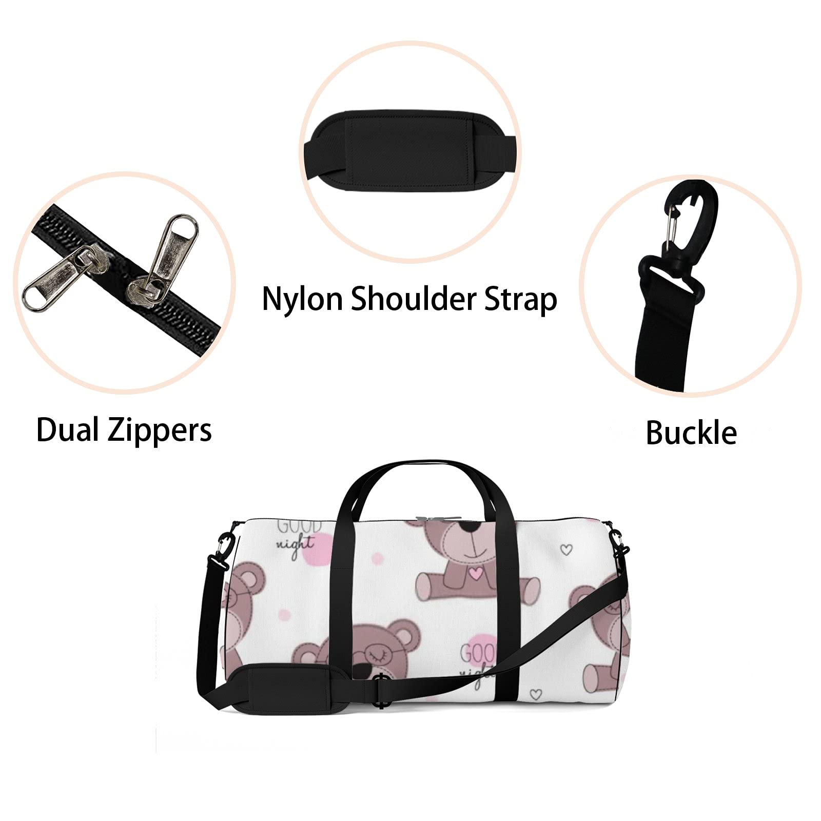 Kawaii Cartoon Animals Teddy Bear Print Waterproof Gym Tote Bag with Shoulder Strap & Zipper Pockets - Sports, Travel & Storage Shoulder Bag for Men & Women - Perfect for Workouts, Beach Trips & Daily Commute