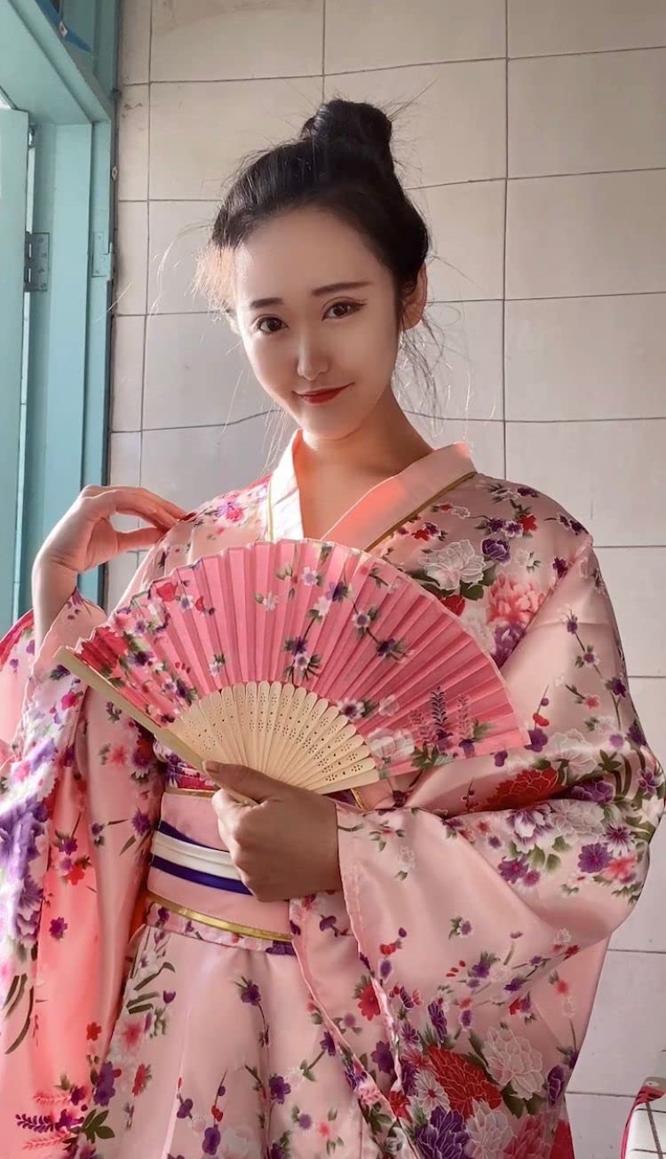 Japanese Anime Women's Dance Kimono Robe Costume Set with Silk Folding Fan, Tabi Socks & Hair Sticks - Traditional Cosplay Outfit for Halloween, Stage Performances & Themed Parties