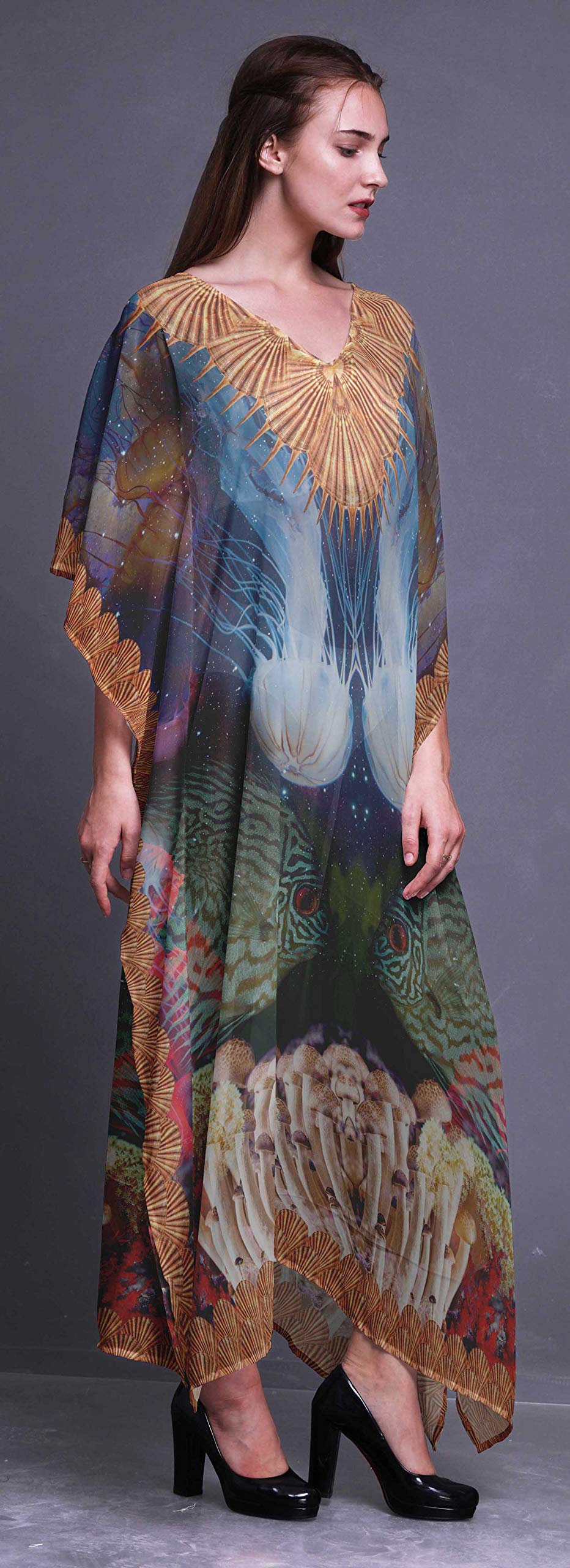 Stylish Clown Fish & Shell Print Ocean Beach Kaftan - Women's Bikini Cover Up Maxi Dress for Summer Vacations & Poolside Lounging