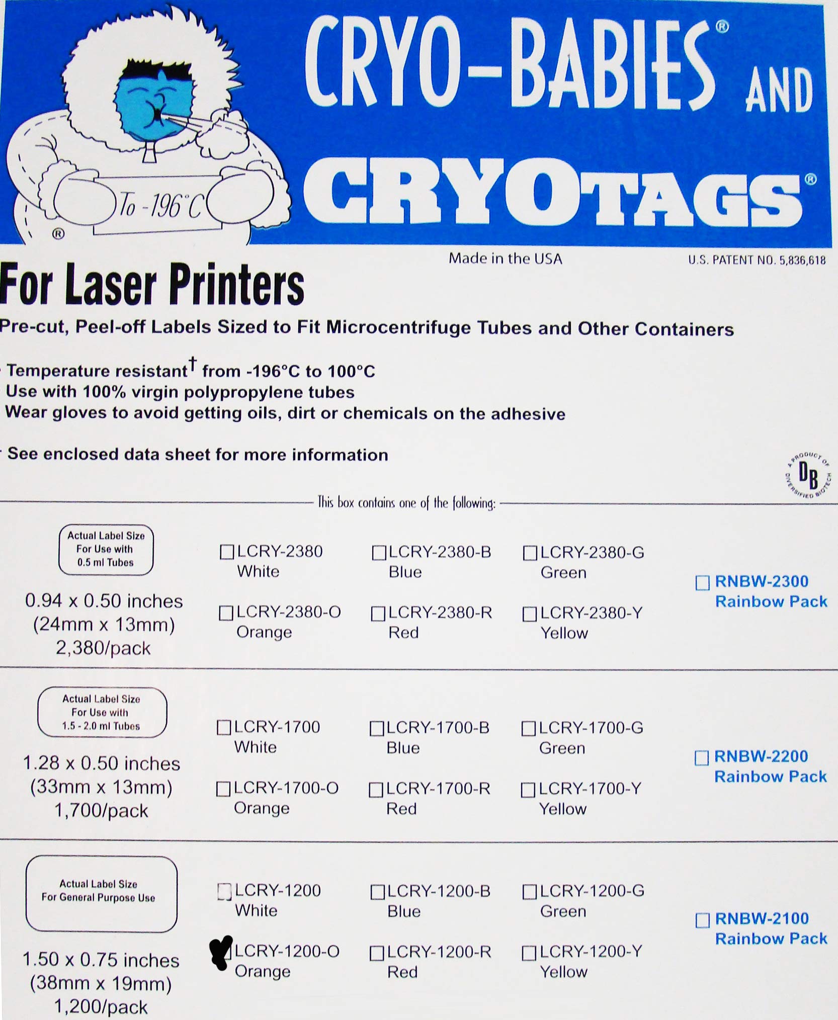 Cryo-Tags Labels - 1.5 x 0.75 Inch Orange Laser Sheets (Pack of 1,200) - Durable Freezer & Lab Labels for Sample Tubes, Vials & Cryogenic Storage