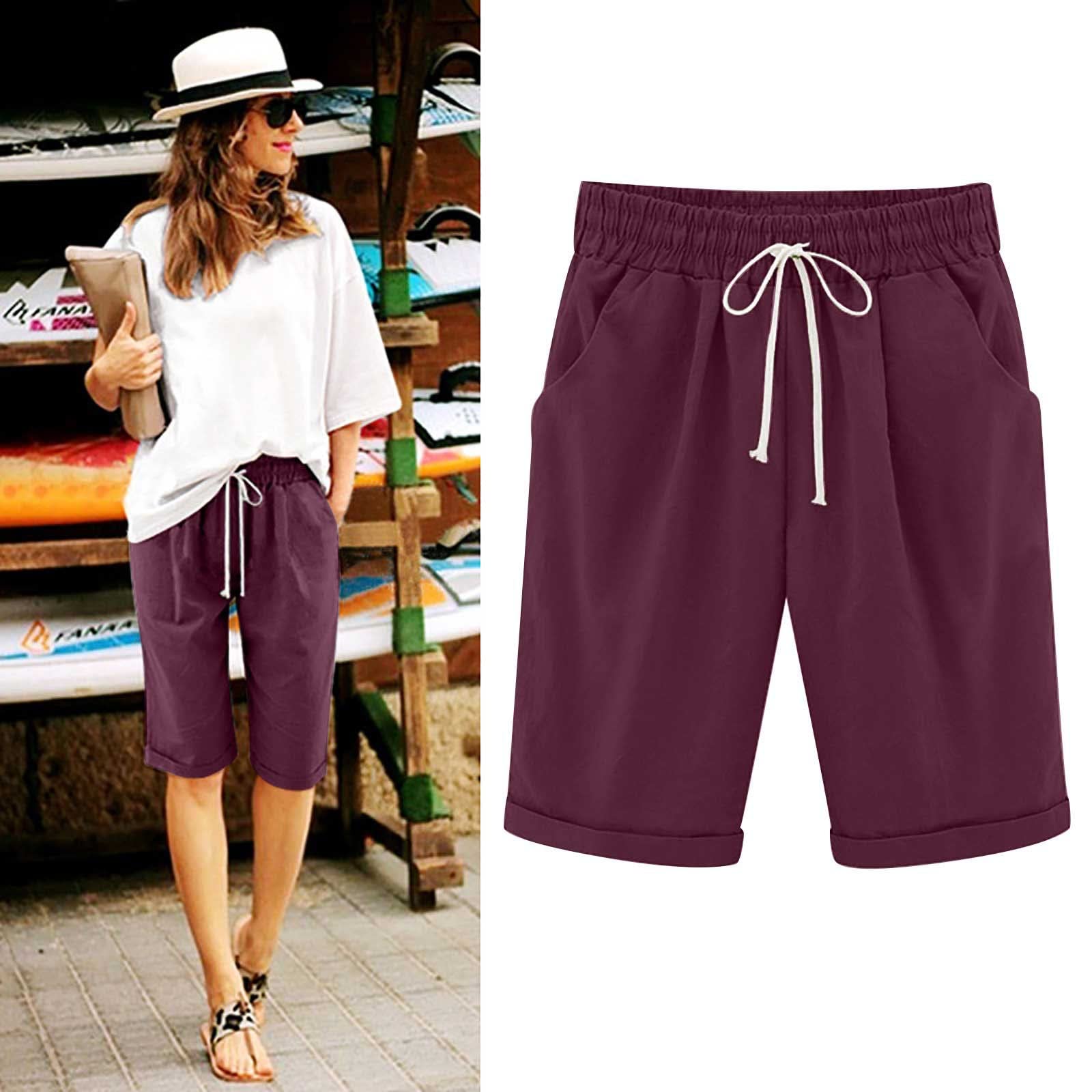 AMDBEL Women's Cotton Bermuda Shorts with Pockets - Knee Length Pull-On Lounge Shorts for Walking, Travel & Casual Wear | Soft Sweat Knit Fabric | Comfortable Summer Shorts for Women