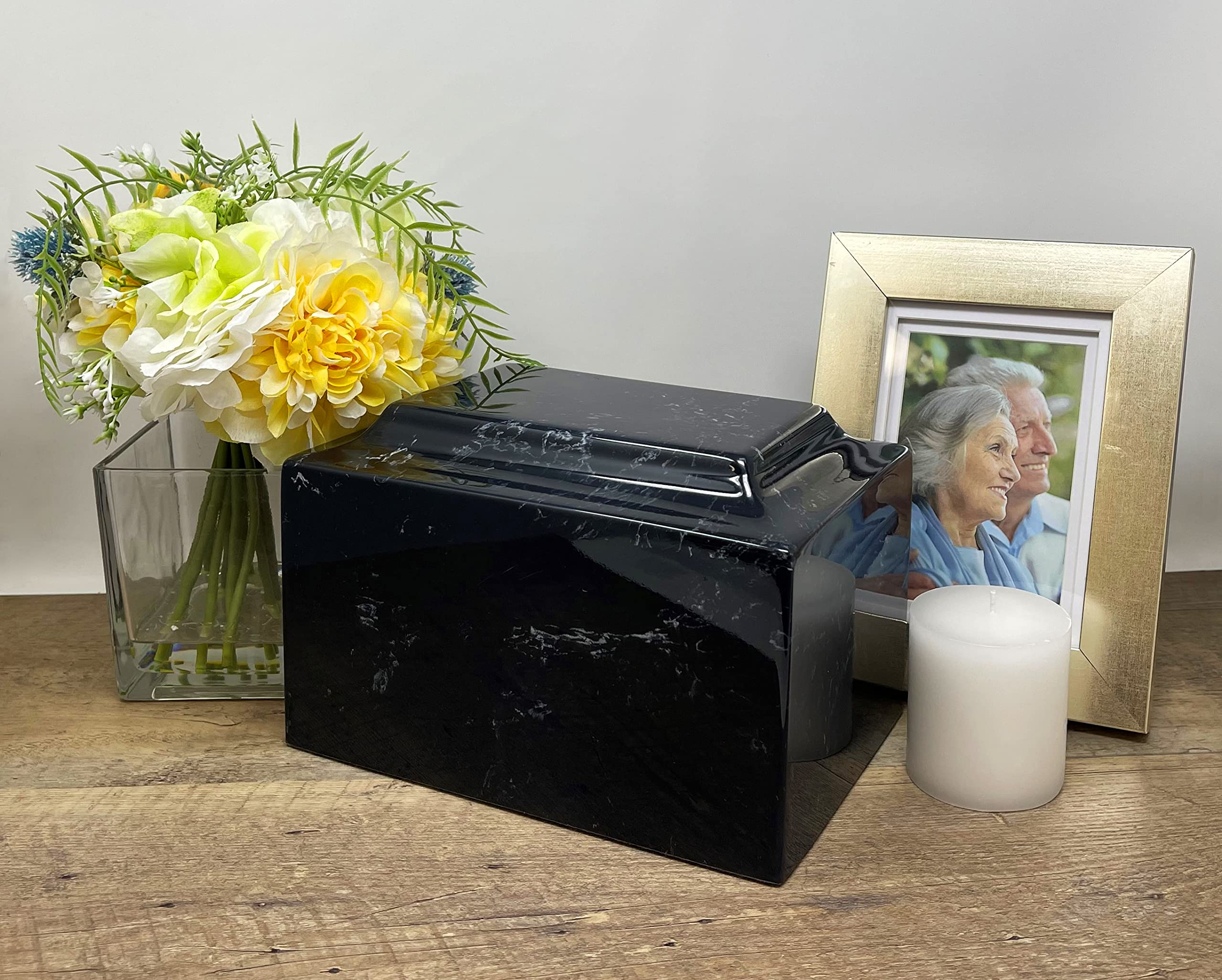 Custom Engraved MacKenzie Urn Vault - Personalized 3-Line Engraving, 6 Font Options | Cultured Marble Adult Full Size Urn in Black & White | Perfect for Memorial Services, Funeral Homes & Family Keepsakes