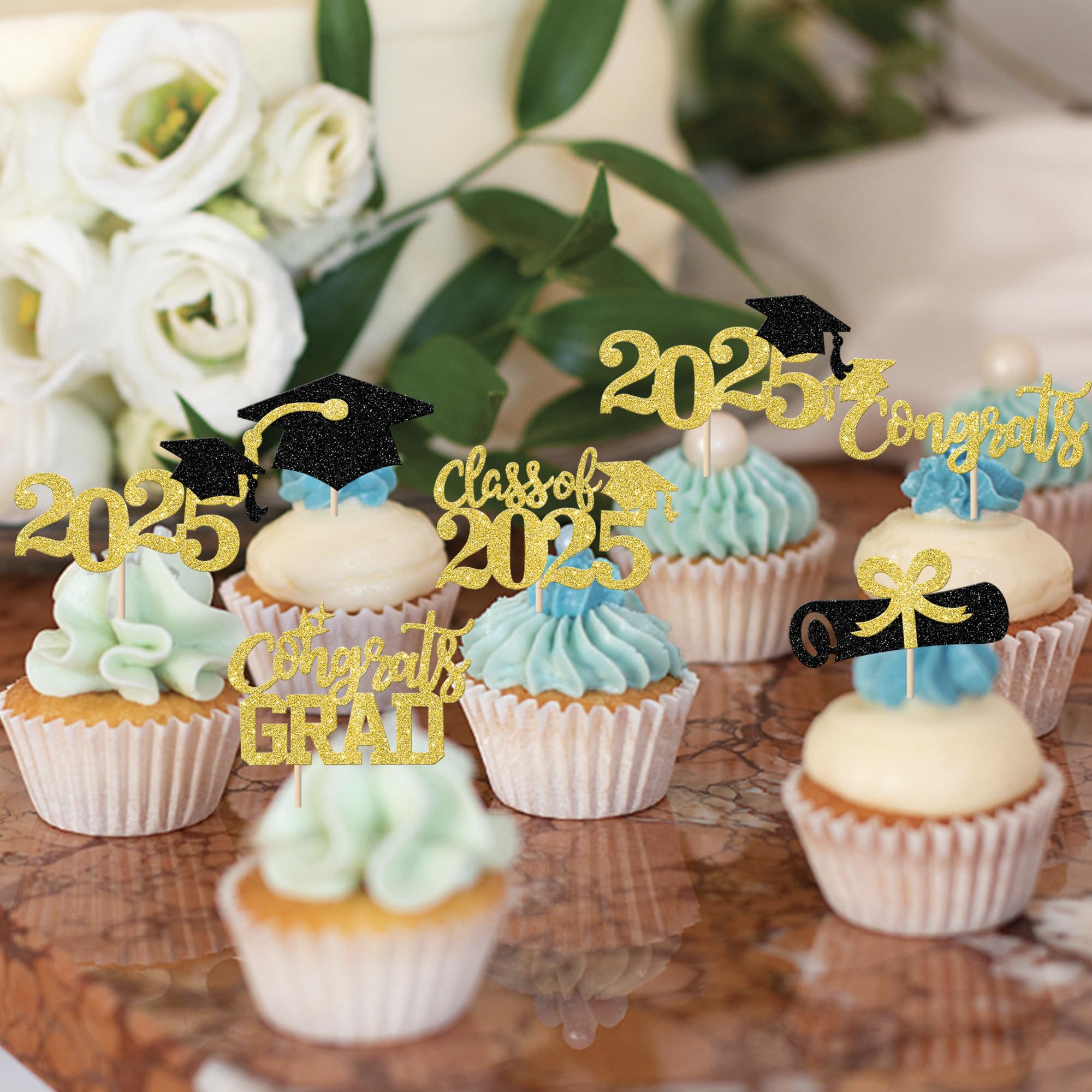 24 Pack 2025 Graduation Cupcake Toppers - Gold Glitter Congrats Grad Class of 2025 Cap & Diploma Cake Decorations - Perfect for Graduation Parties, School Celebrations & Dessert Table Decor