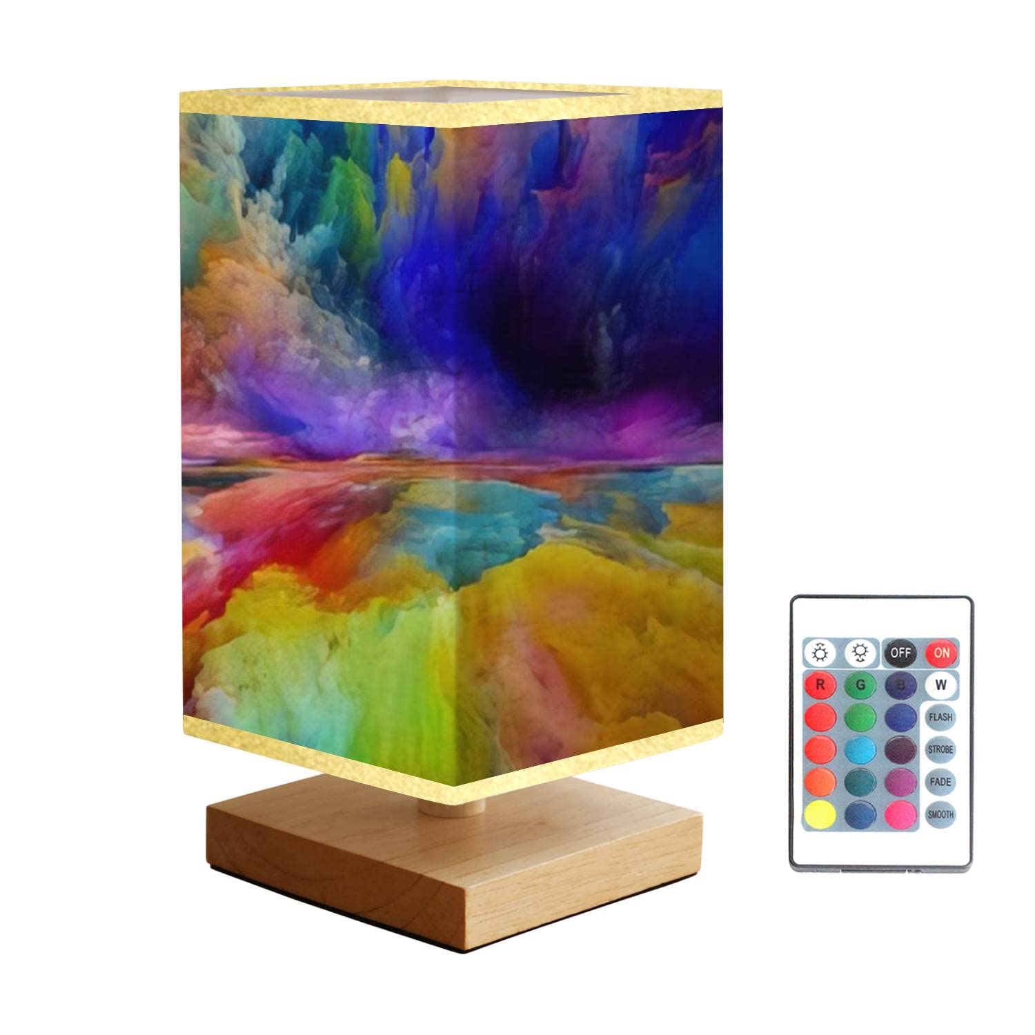 Square Bedside Table Lamp - Spectral Clouds Escape to Reality Series, Artistic Wooden Base with Flaxen Fabric Shade, Dimmable Nightstand Lamp for Bedroom & Living Room - Perfect for Reading, Relaxing, and Creating Cozy Ambiance