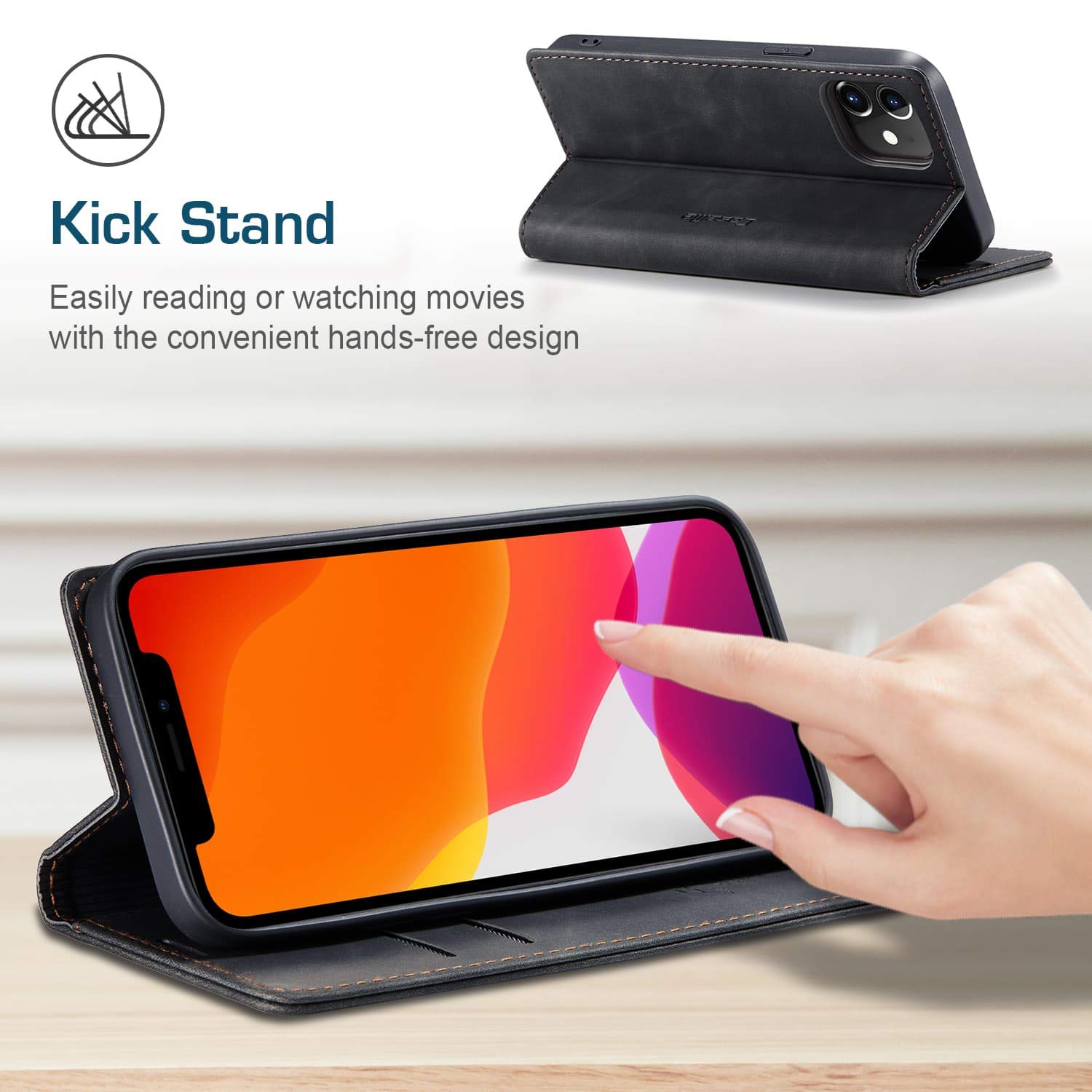 Premium Leather Wallet Case for iPhone 12/12 Pro - Slim Folding Flip Cover with RFID Blocking Card Slots & Magnetic Closure | Perfect for Daily Use, Travel & Business (Black)