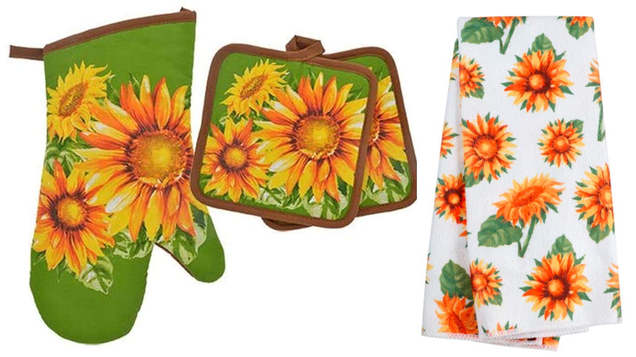 Sunflower Kitchen Set - 4-Piece Linen Potholder & Towel Set with Oven Mitt - Sunflower Decor for Farmhouse & Modern Kitchens - Perfect for Cooking, Baking & Home Decor