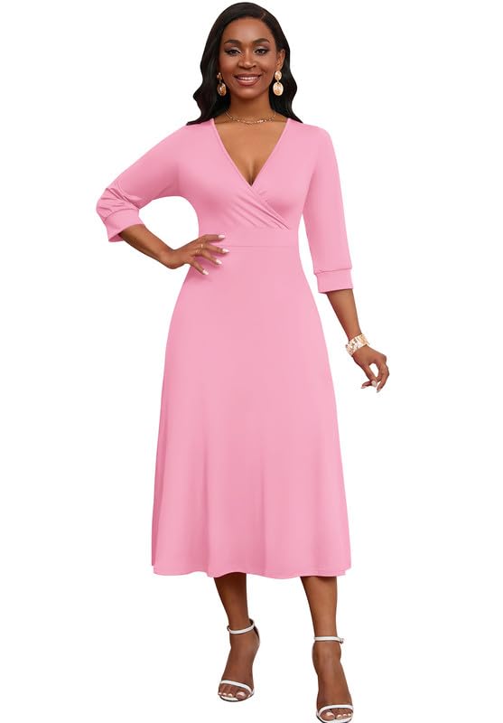Elegant Women's Wrap V-Neck Midi Dress for Wedding Guest - 3/4 Sleeve High Waist Casual Dress - Perfect for Cocktail Parties, Date Nights & Special Occasions