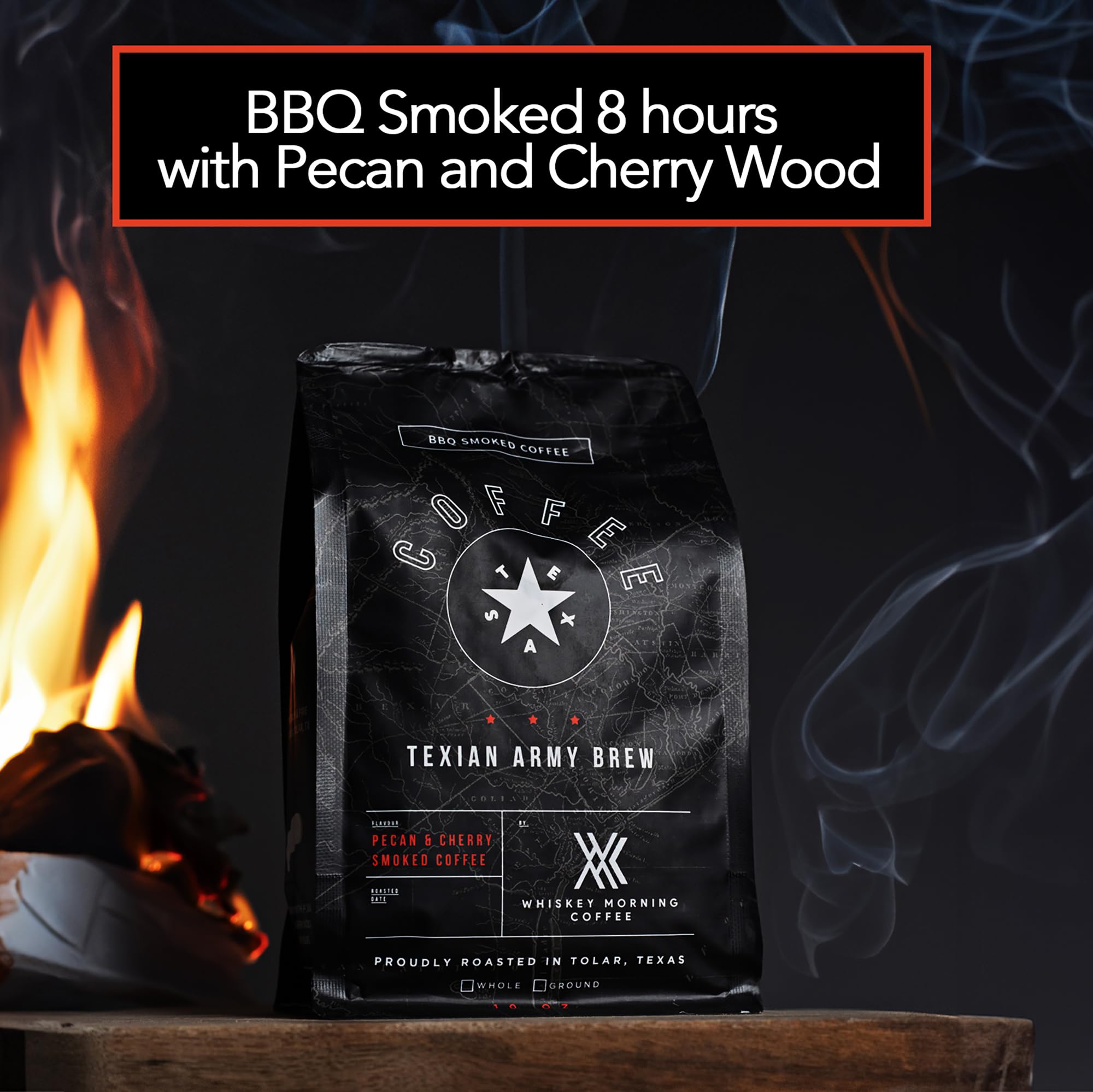 Pecan and Cherry Smoked Coffee Beans - Fire Roasted Texian Army Brew Ground Coffee for Camping, Outdoor Adventures and Gourmet Coffee Lovers