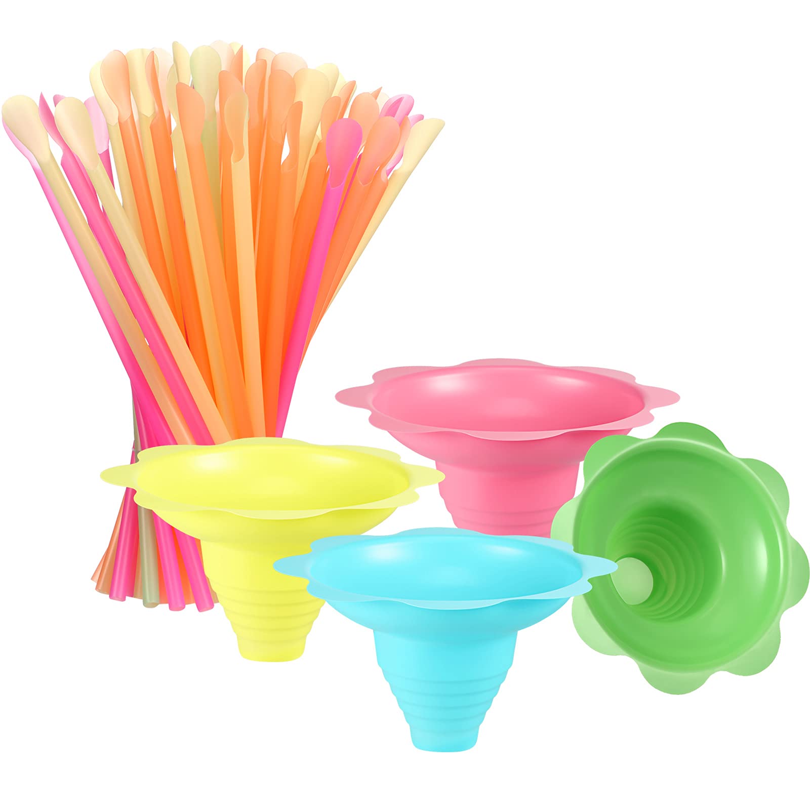 Colorful Reusable Flower Cone Cups - 120 Pack Small Bowls for Snow Cones, Shaved Ice, Ice Cream & Snacks - Includes Cone Spoons & Straws - Perfect for Parties, BBQs, Summer Treats & Dessert Bars