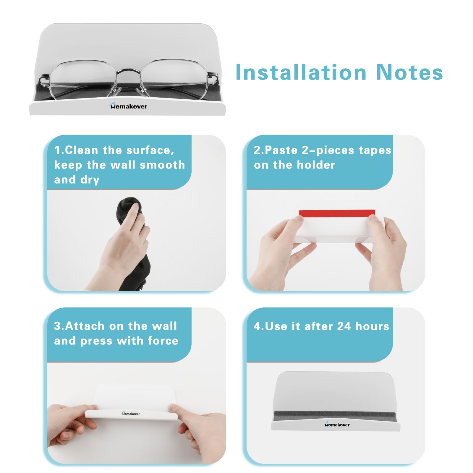 Bluecell Acrylic Wall-Mounted Glasses Holder - Reading Glasses & Sunglasses Organizer with Adhesive Tape (White) - Perfect for Home Office, Bathroom, Bedroom & Entryway Organization