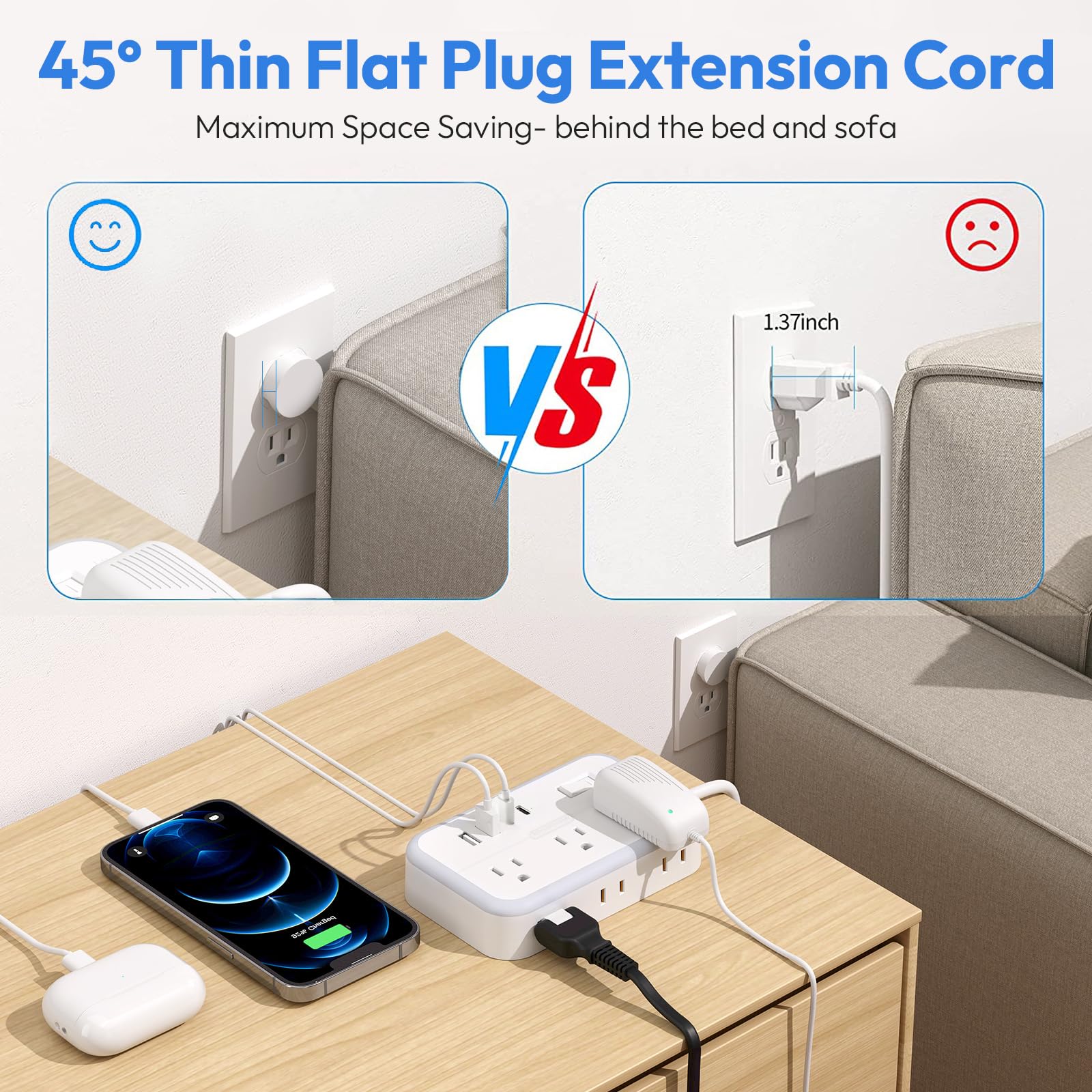 15 ft Extension Cord with 6 Outlets & 4 USB Chargers (2 USB-C) - 1080J Surge Protector Power Strip, Flat Plug for Home, Office, Dorm - Perfect for Charging Phones, Laptops & Home Electronics