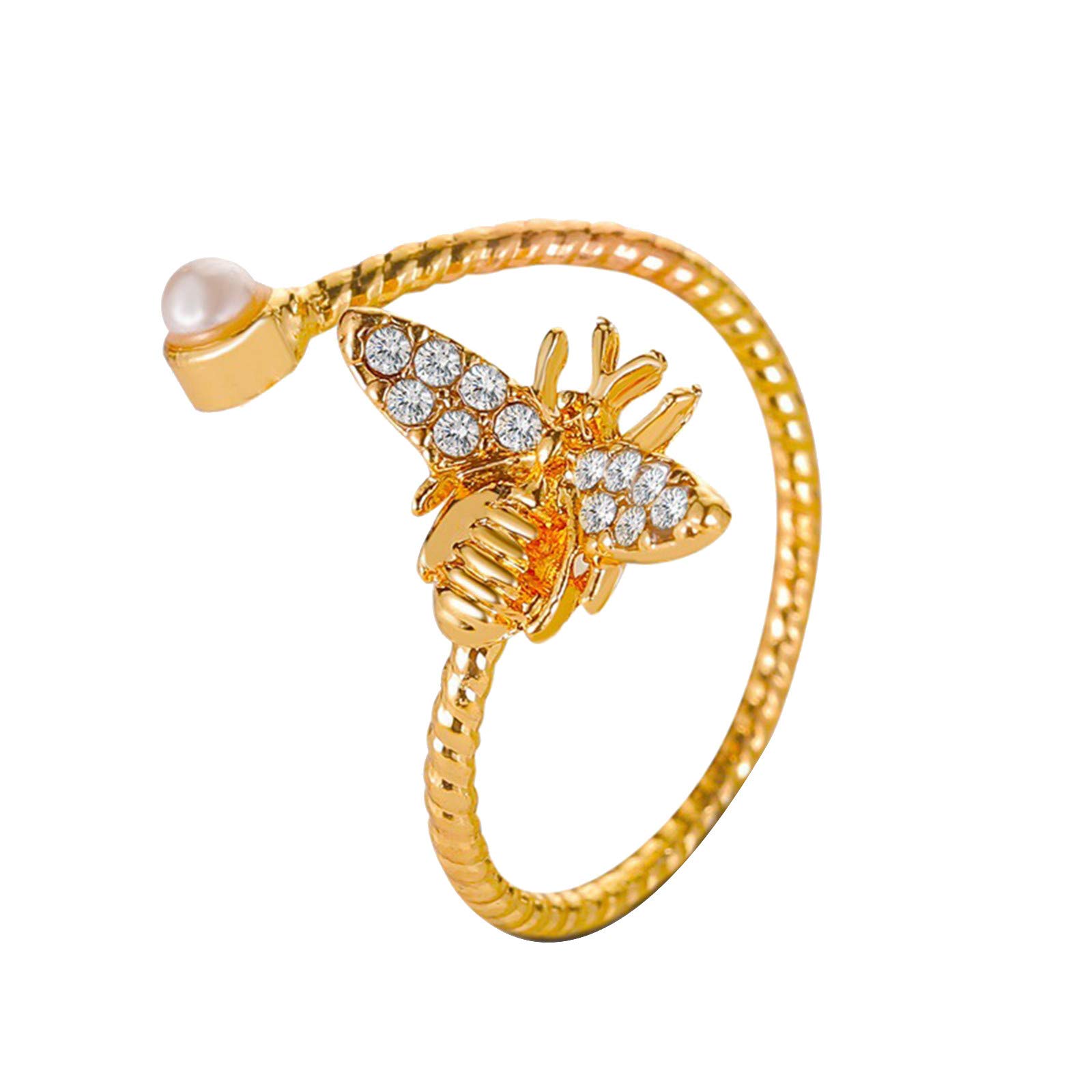 Adjustable Pearl Bee Ring for Women - Open Little Finger Design, Gold Plated Jewelry - Perfect for Parties, Weddings & Everyday Elegance