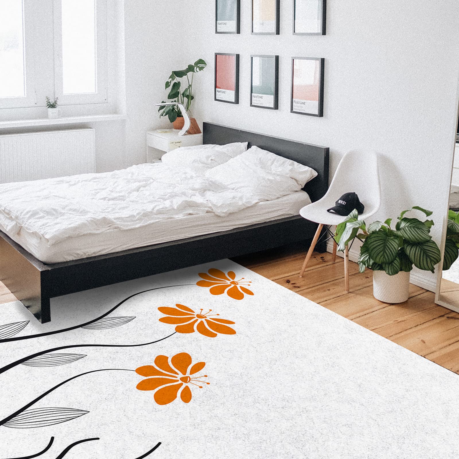 5'x8' Washable Area Runner Rug - Orange Aqua Floral Striped Leaves Modern Geometric Print for Kitchen, Living Room, Bathroom, Bedroom | Non-Slip Bath Mat Perfect for Homes with Pets & Kids
