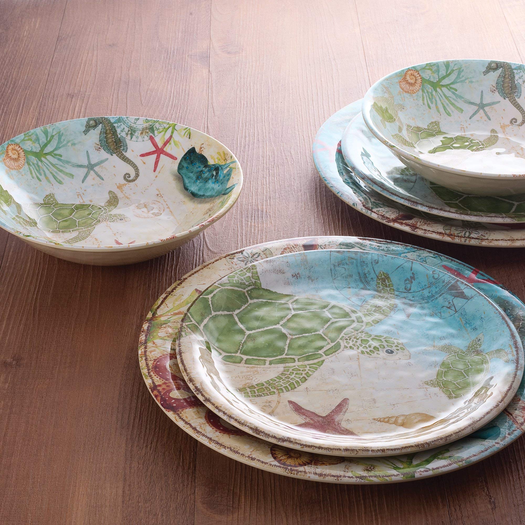 Premium 12-Piece Melamine Dinnerware Set - Includes 4 Dinner Plates, 4 Salad Plates & 4 Bowls - Shatterproof & Lightweight - Perfect for Outdoor Dining, Picnics, Camping & RV Trips - Sea Turtle Design