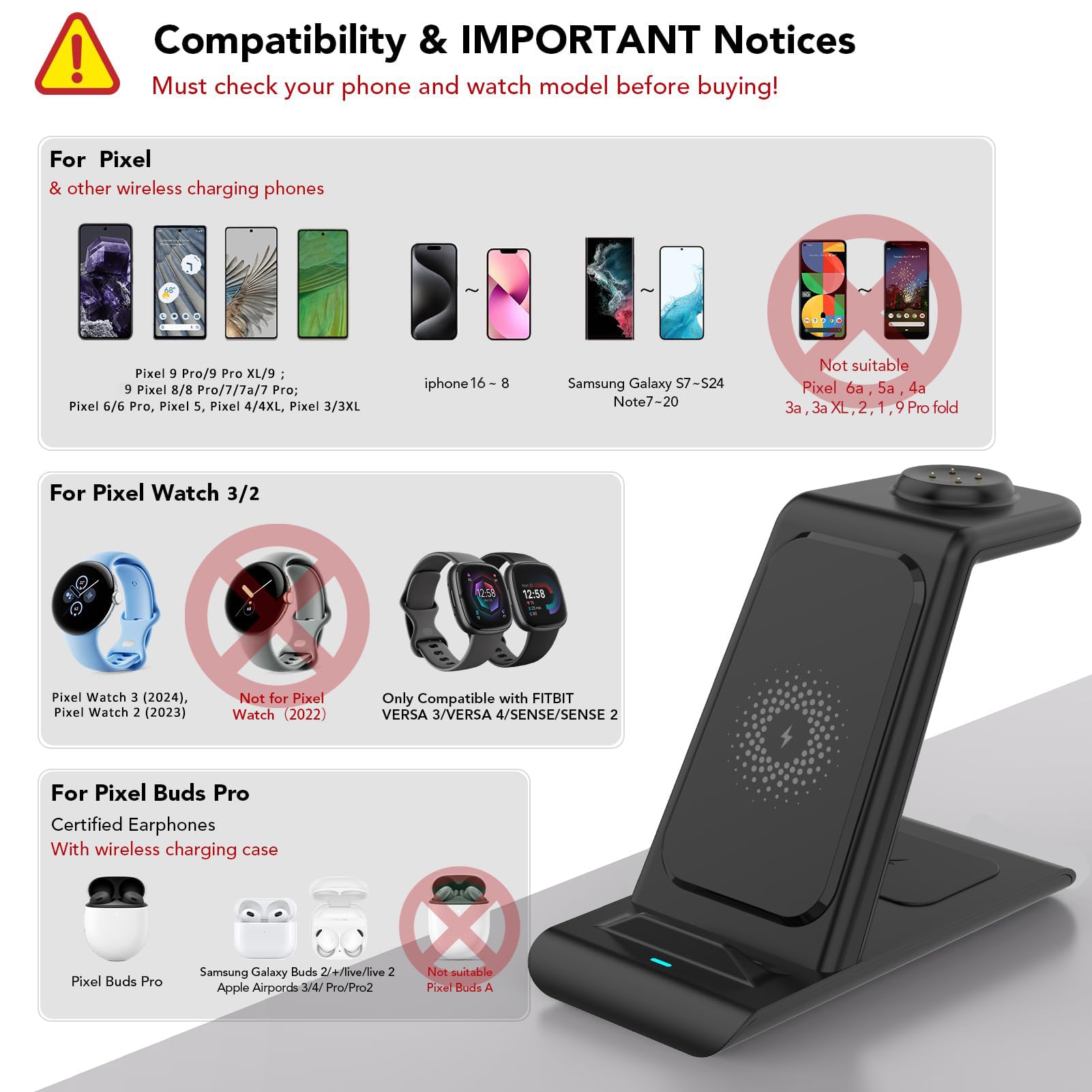 HATALKIN 3-in-1 Wireless Charging Station for Google Pixel Watch 3/2, Pixel 9/8/7/XL & Pixel Buds Pro/2 - Fast Wireless Charger Stand with Adapter for Multiple Devices (Not for Pixel Watch 1) | Perfect for Home, Office & Travel Charging